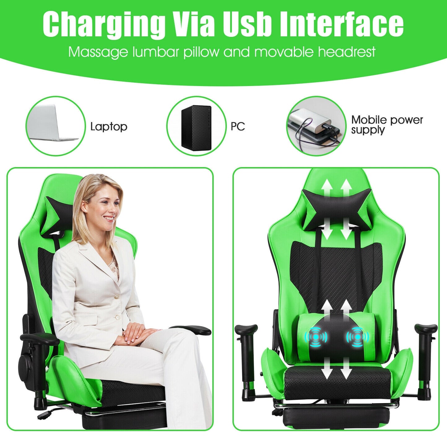PU Leather Gaming Chair with USB Massage Lumbar Pillow and Footrest -Green Kids Crystal