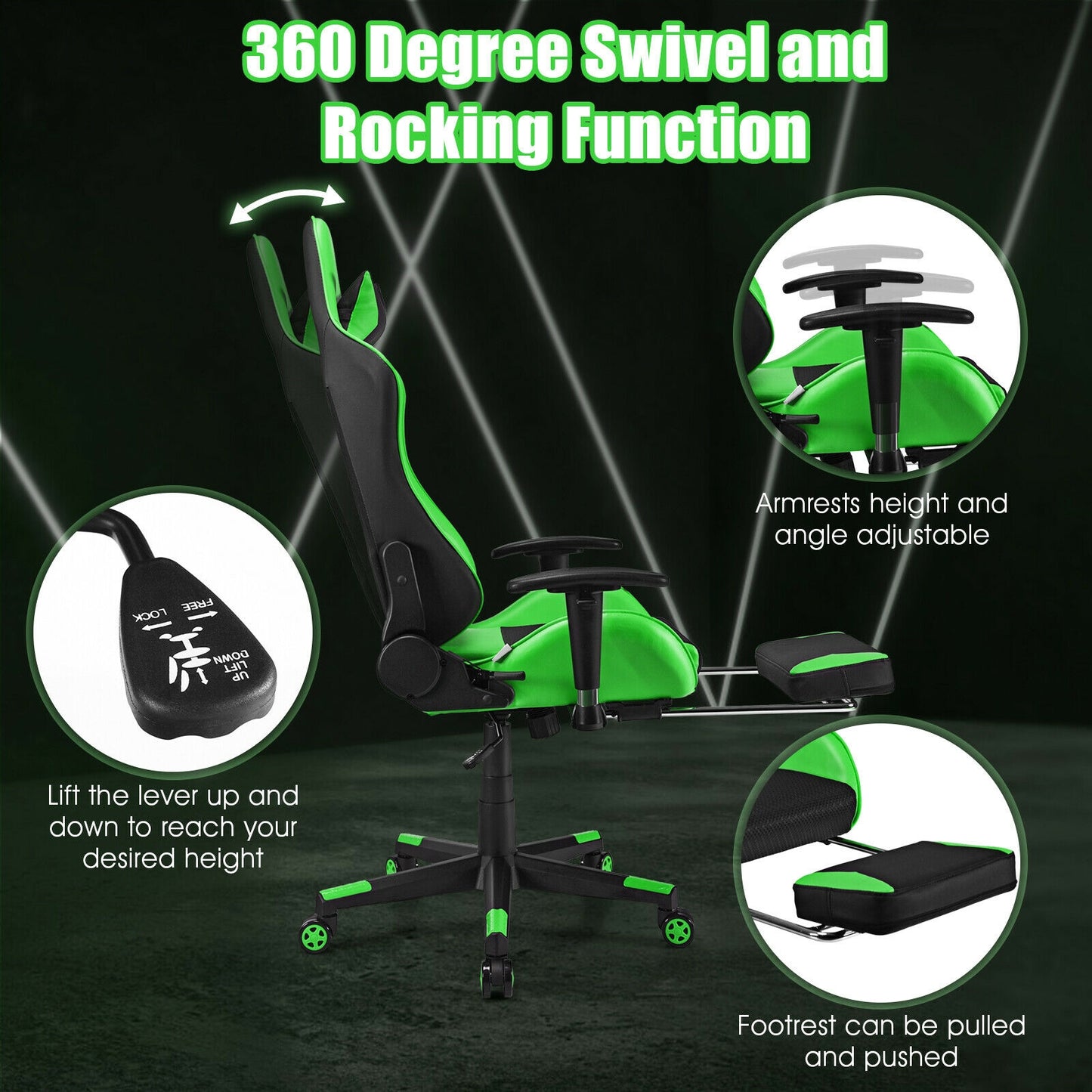 PU Leather Gaming Chair with USB Massage Lumbar Pillow and Footrest -Green Kids Crystal