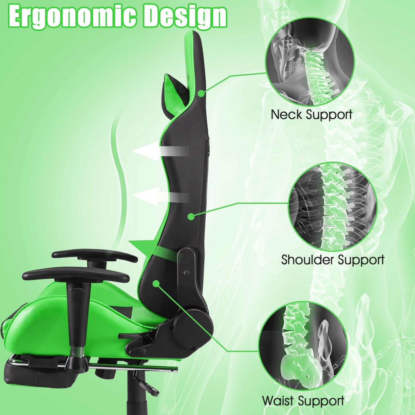 PU Leather Gaming Chair with USB Massage Lumbar Pillow and Footrest -Green Kids Crystal