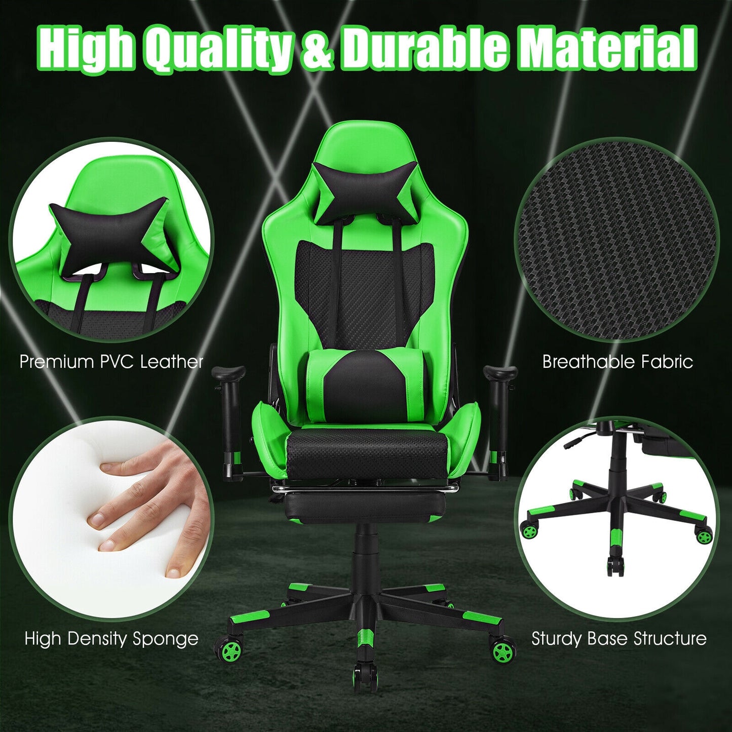 PU Leather Gaming Chair with USB Massage Lumbar Pillow and Footrest -Green Kids Crystal