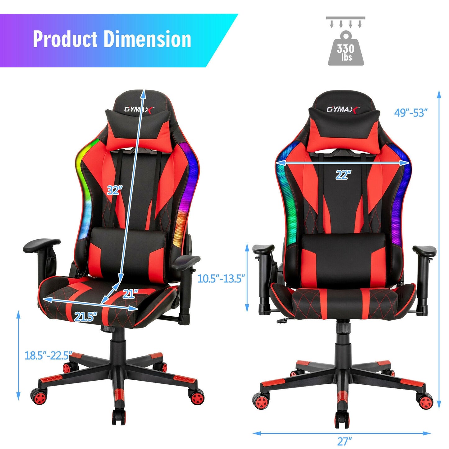 Gaming Chair Adjustable Swivel Computer Chair with Dynamic LED Lights-Red Kids Crystal