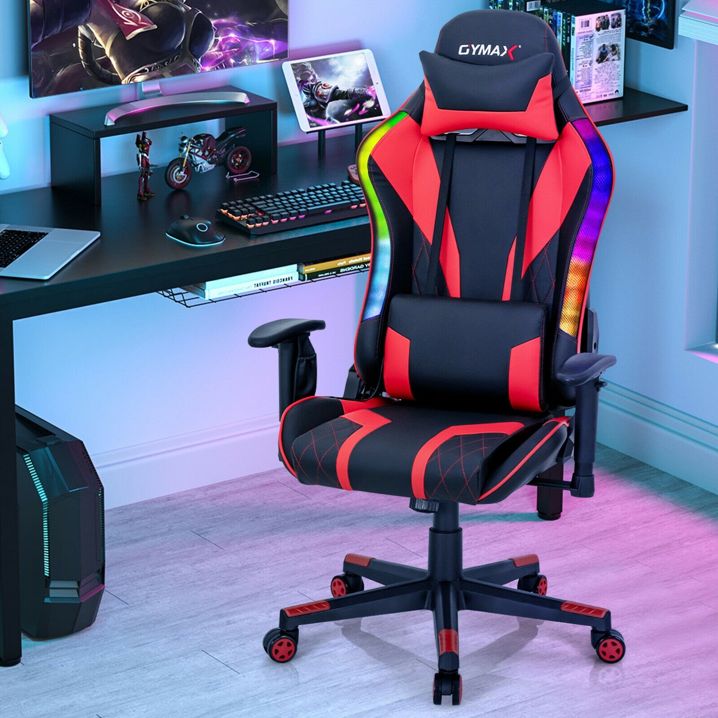 Gaming Chair Adjustable Swivel Computer Chair with Dynamic LED Lights-Red Kids Crystal