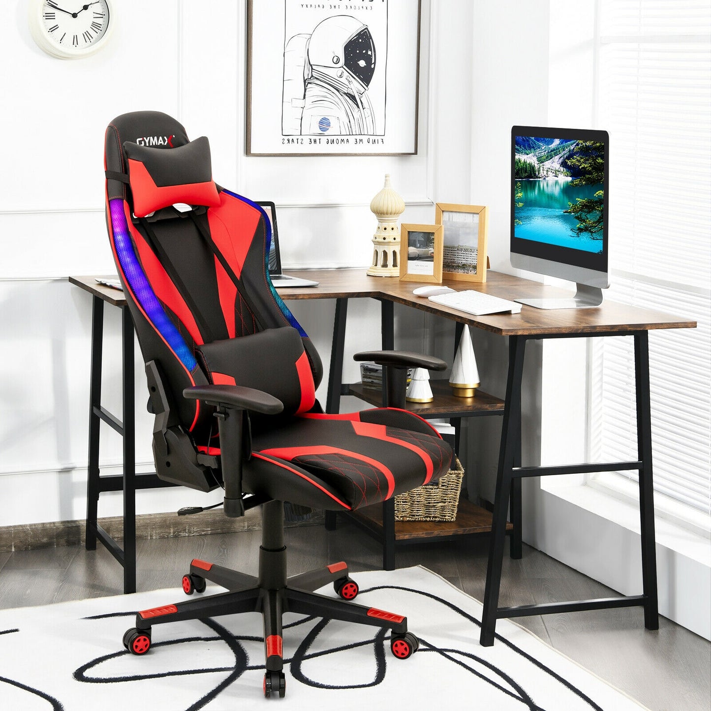 Gaming Chair Adjustable Swivel Computer Chair with Dynamic LED Lights-Red Kids Crystal