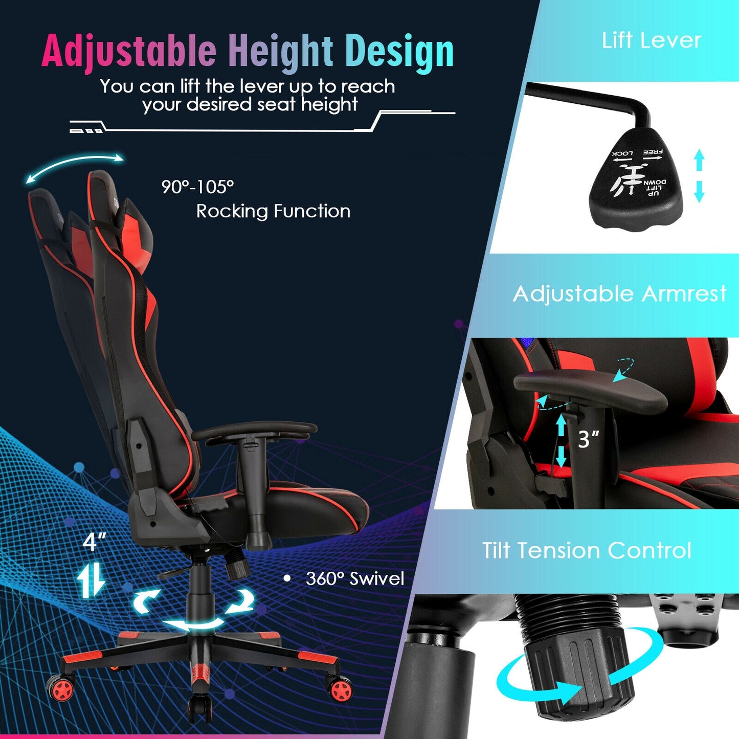 Gaming Chair Adjustable Swivel Computer Chair with Dynamic LED Lights-Red Kids Crystal