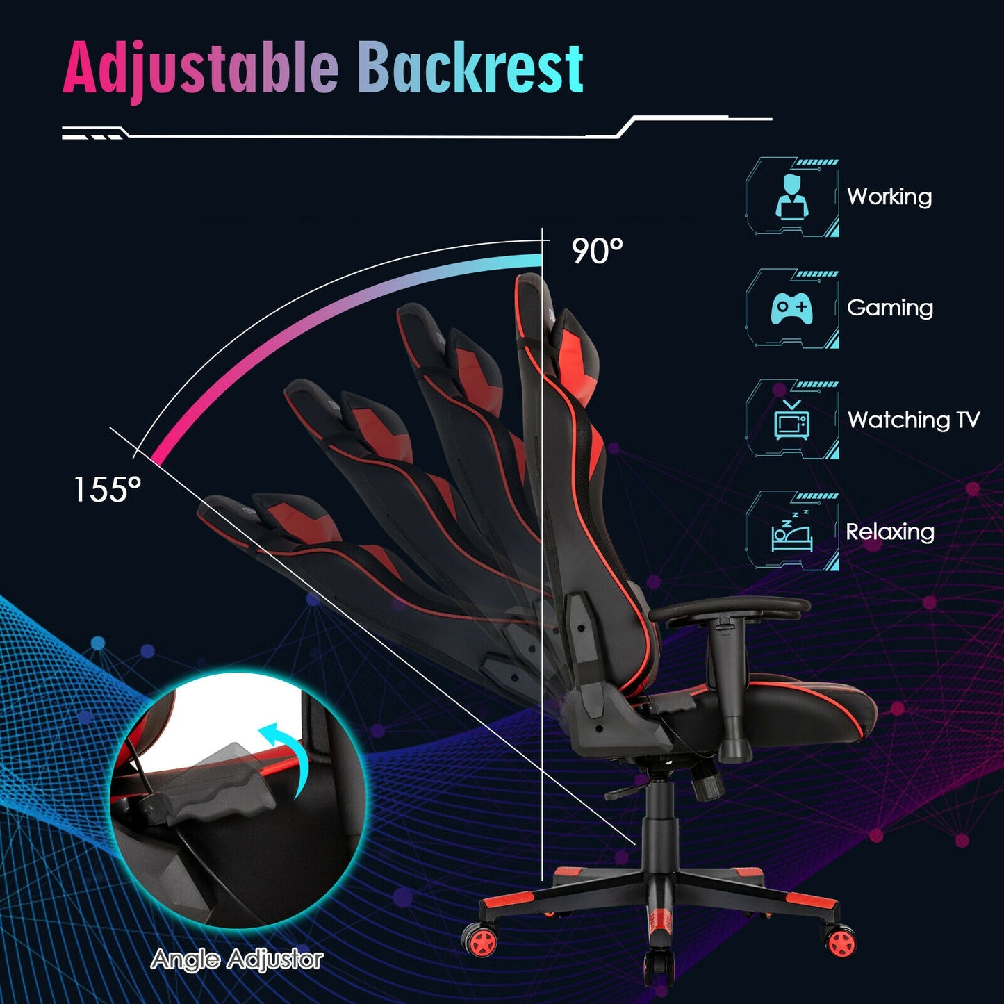 Gaming Chair Adjustable Swivel Computer Chair with Dynamic LED Lights-Red Kids Crystal