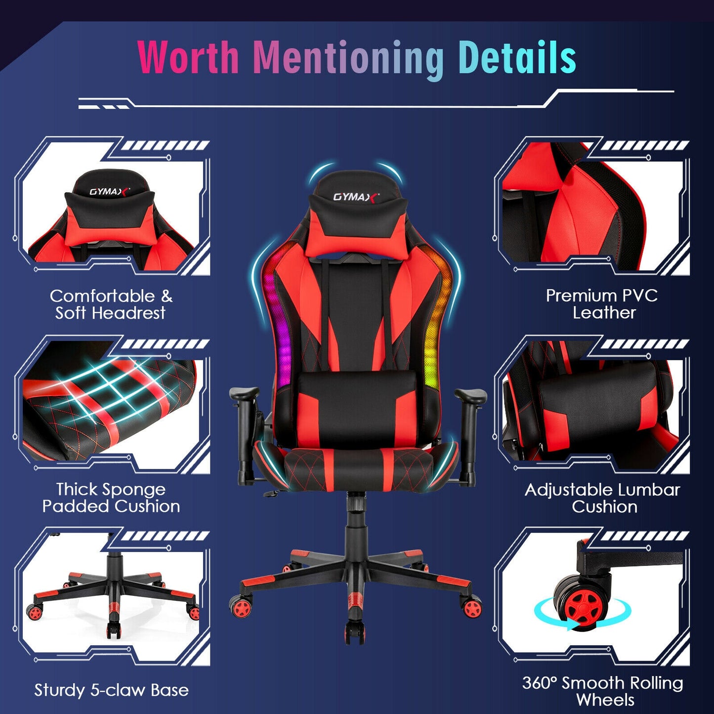 Gaming Chair Adjustable Swivel Computer Chair with Dynamic LED Lights-Red Kids Crystal