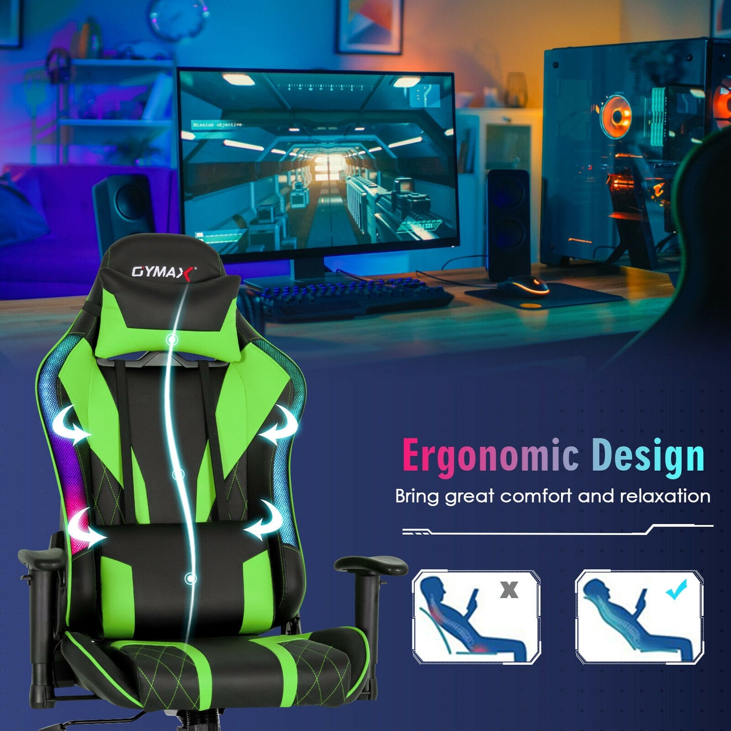 Gaming Chair Adjustable Swivel Computer Chair with Dynamic LED Lights-Green Kids Crystal