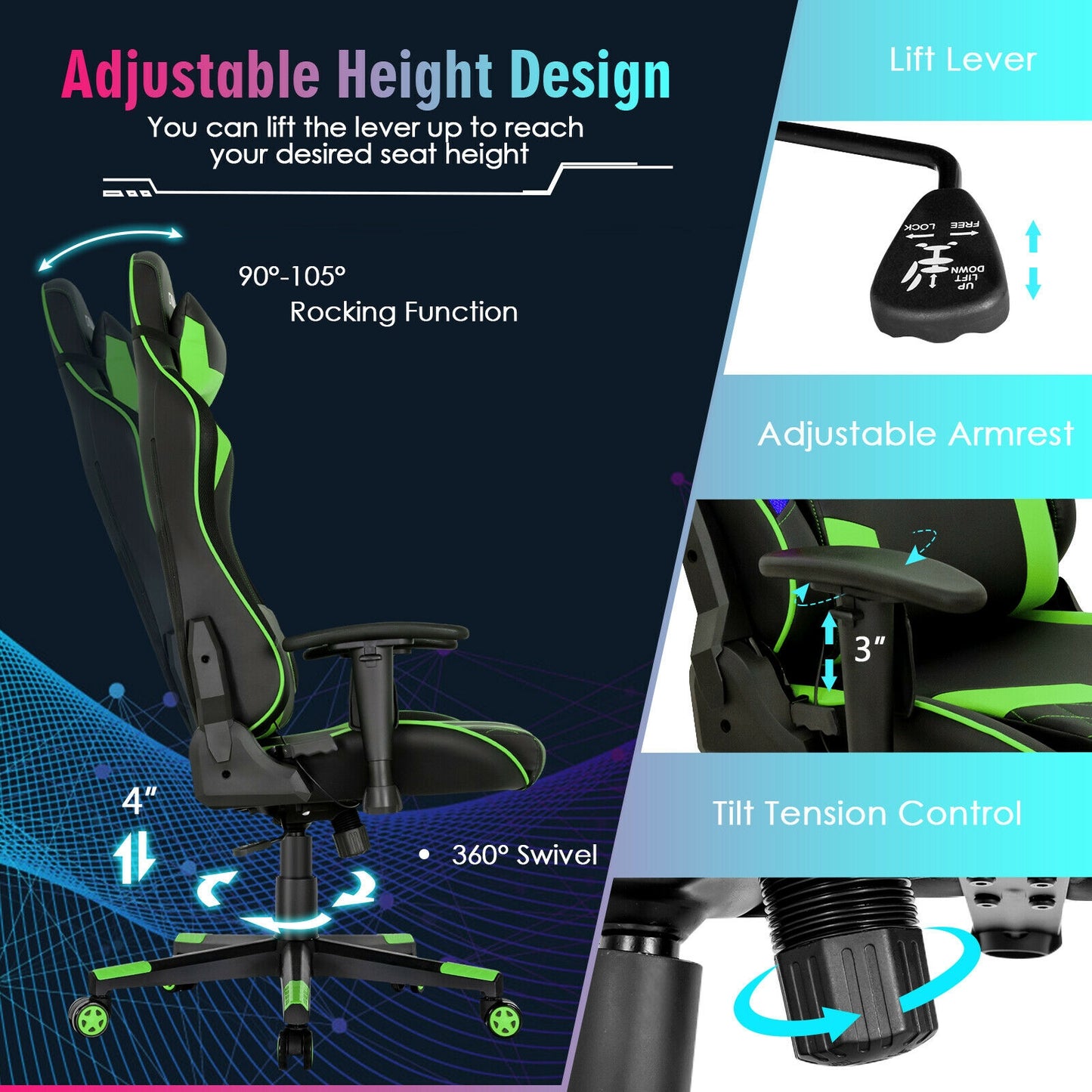 Gaming Chair Adjustable Swivel Computer Chair with Dynamic LED Lights-Green Kids Crystal