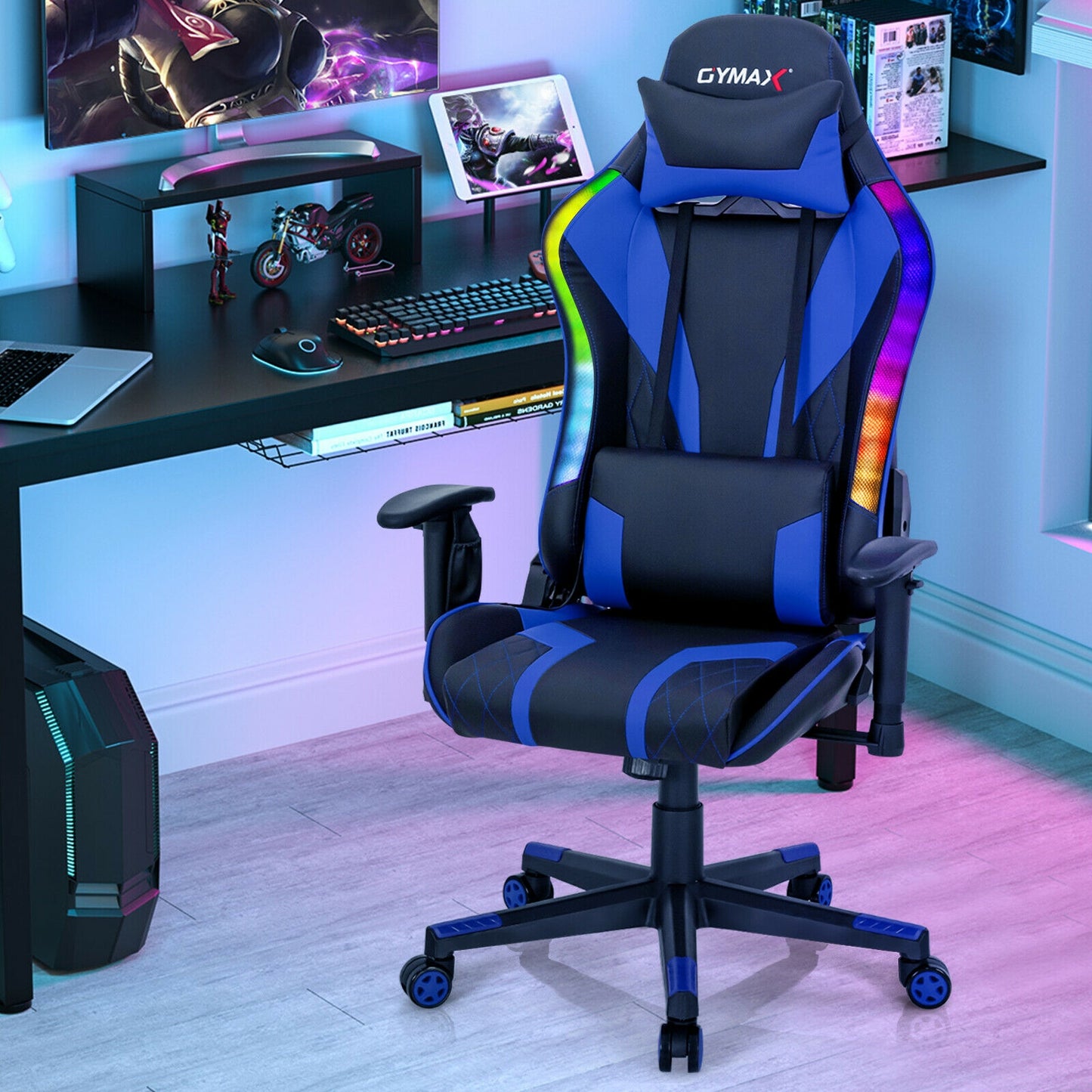 Gaming Chair Adjustable Swivel Computer Chair with Dynamic LED Lights-Blue Kids Crystal