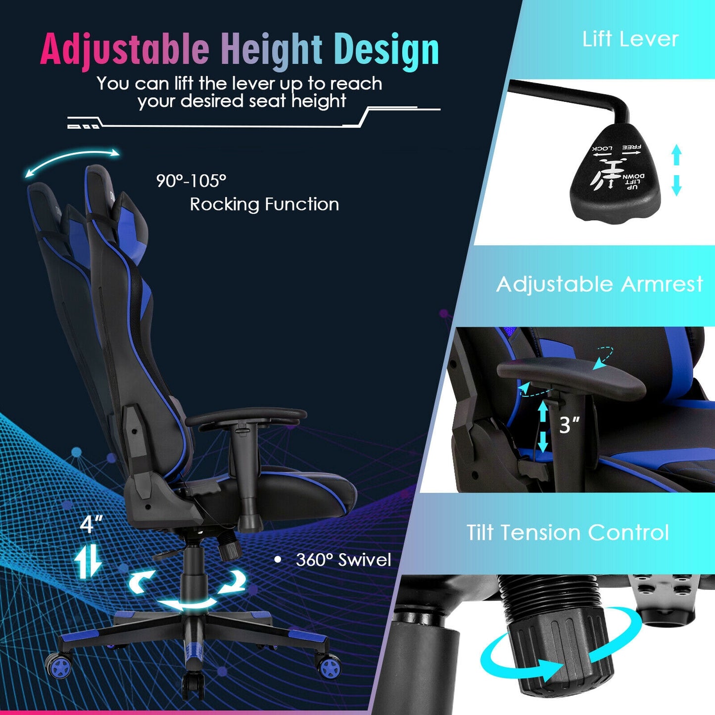 Gaming Chair Adjustable Swivel Computer Chair with Dynamic LED Lights-Blue Kids Crystal