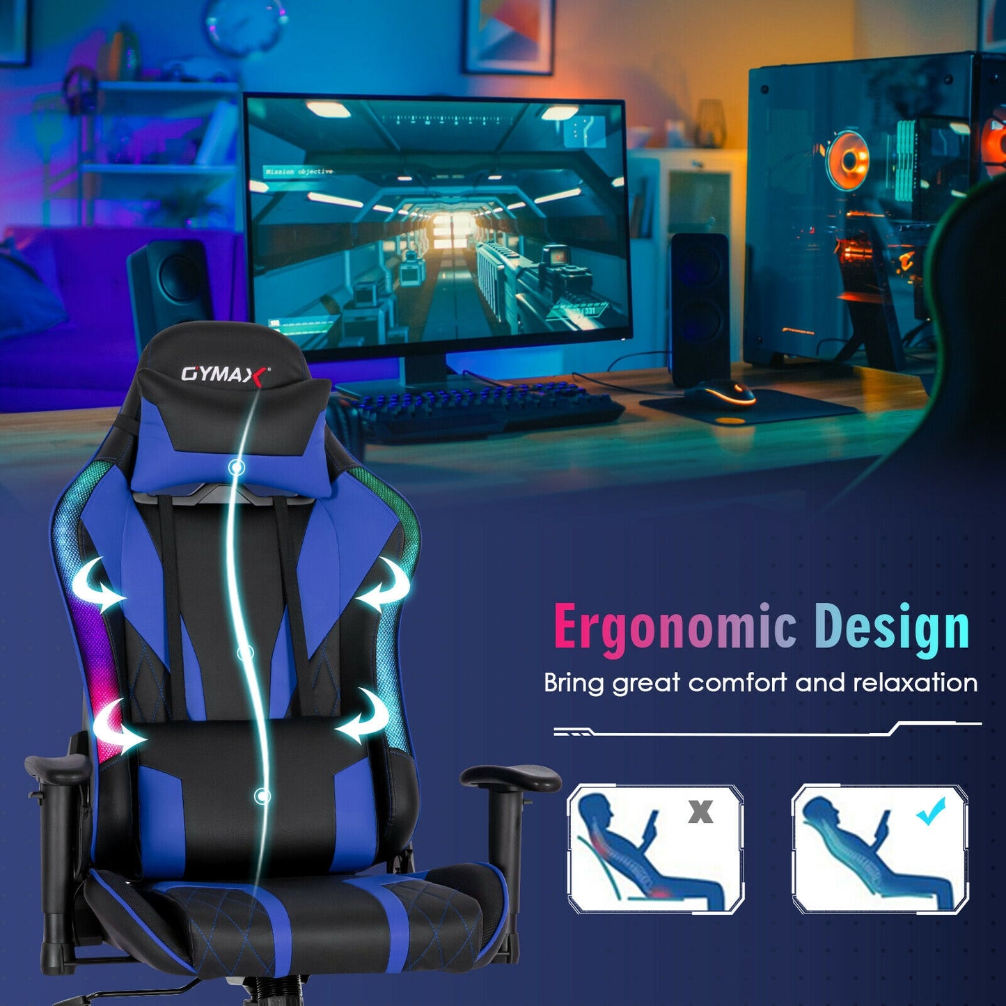 Gaming Chair Adjustable Swivel Computer Chair with Dynamic LED Lights-Blue Kids Crystal