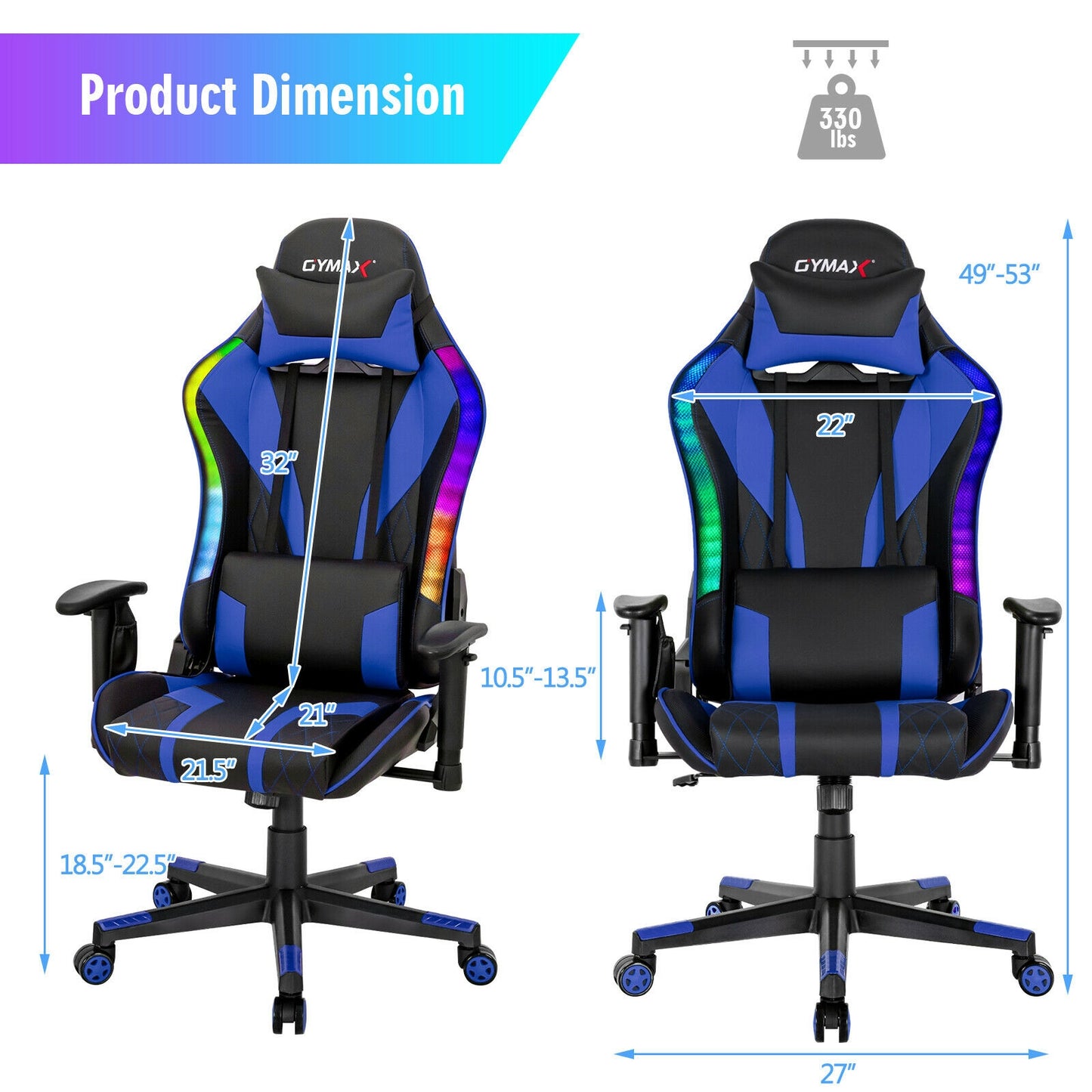 Gaming Chair Adjustable Swivel Computer Chair with Dynamic LED Lights-Blue Kids Crystal
