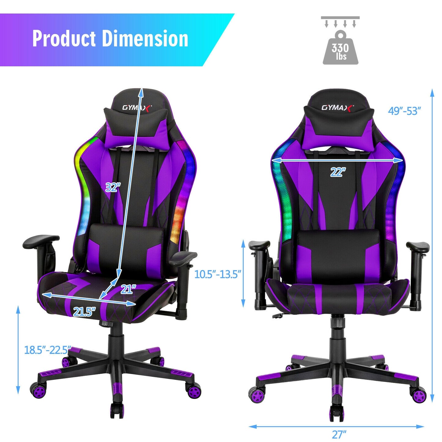 Gaming Chair Adjustable Swivel Computer Chair with Dynamic LED Lights-Purple Kids Crystal