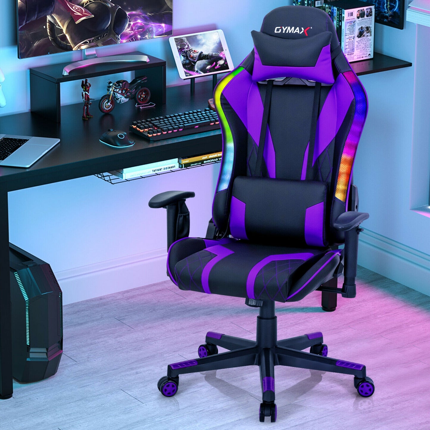 Gaming Chair Adjustable Swivel Computer Chair with Dynamic LED Lights-Purple Kids Crystal