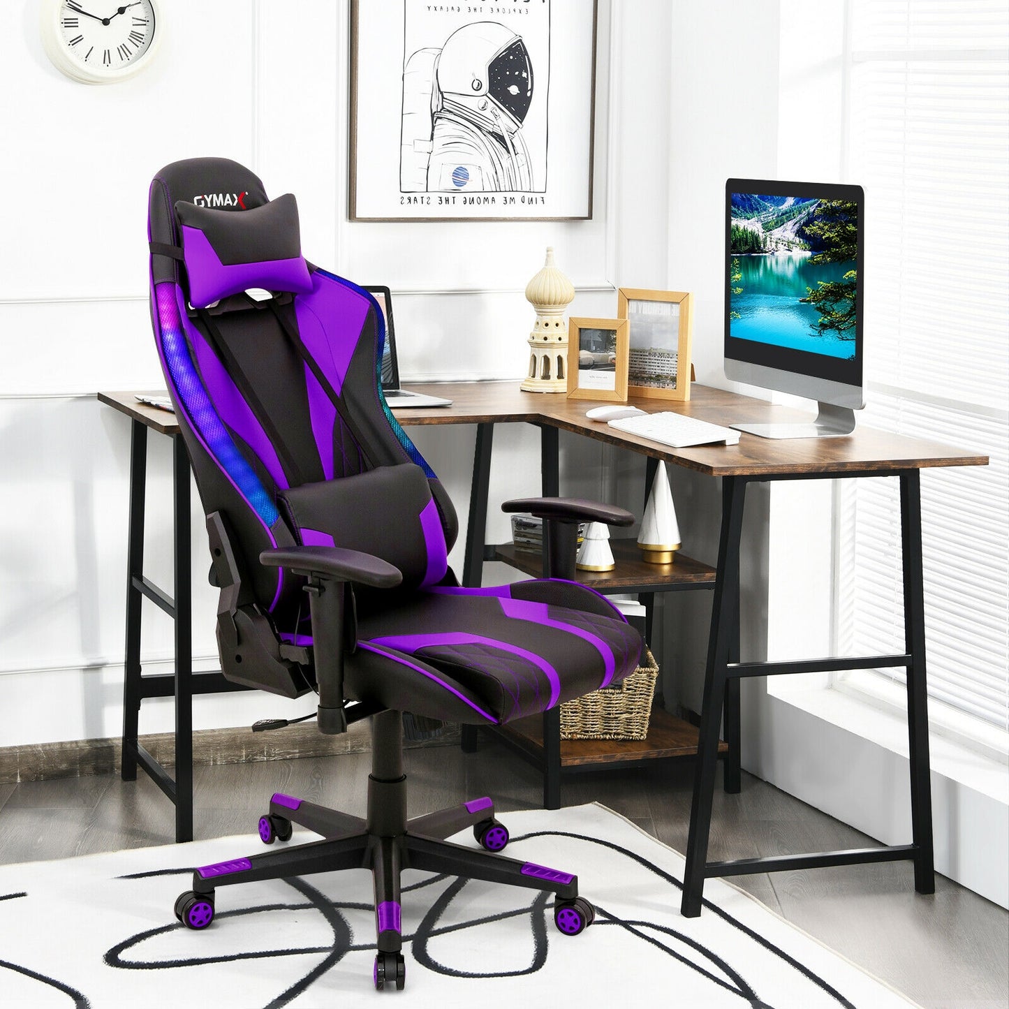Gaming Chair Adjustable Swivel Computer Chair with Dynamic LED Lights-Purple Kids Crystal