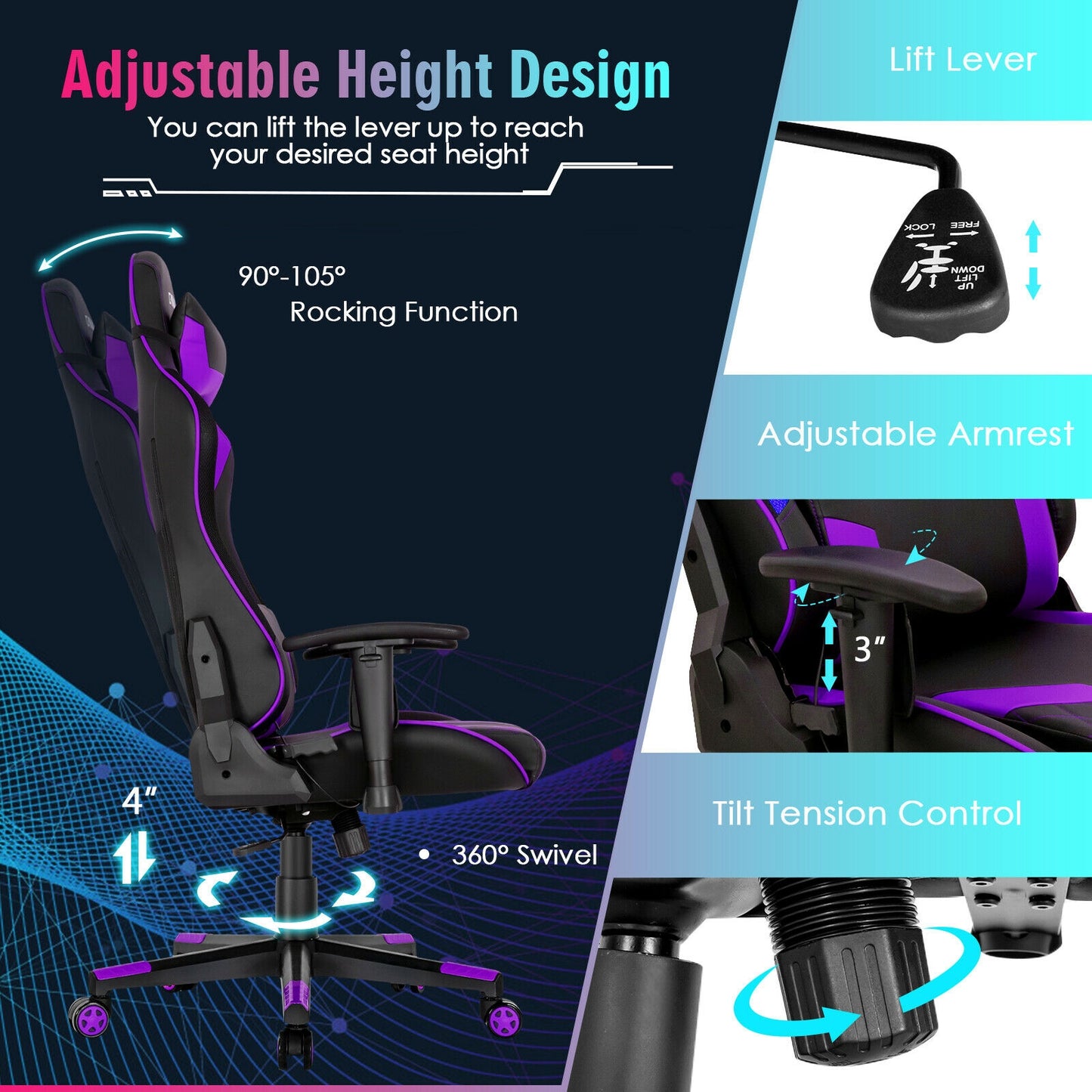 Gaming Chair Adjustable Swivel Computer Chair with Dynamic LED Lights-Purple Kids Crystal