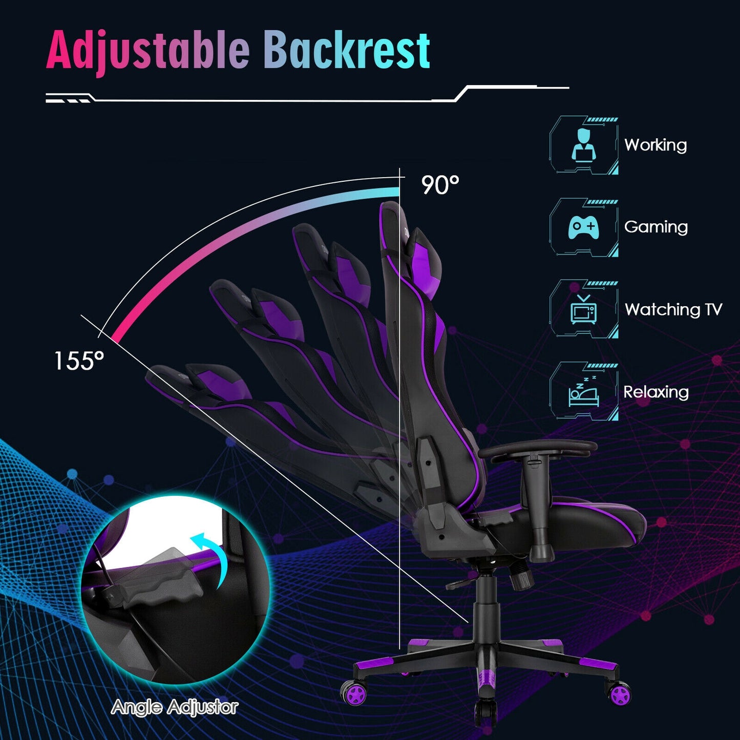 Gaming Chair Adjustable Swivel Computer Chair with Dynamic LED Lights-Purple Kids Crystal