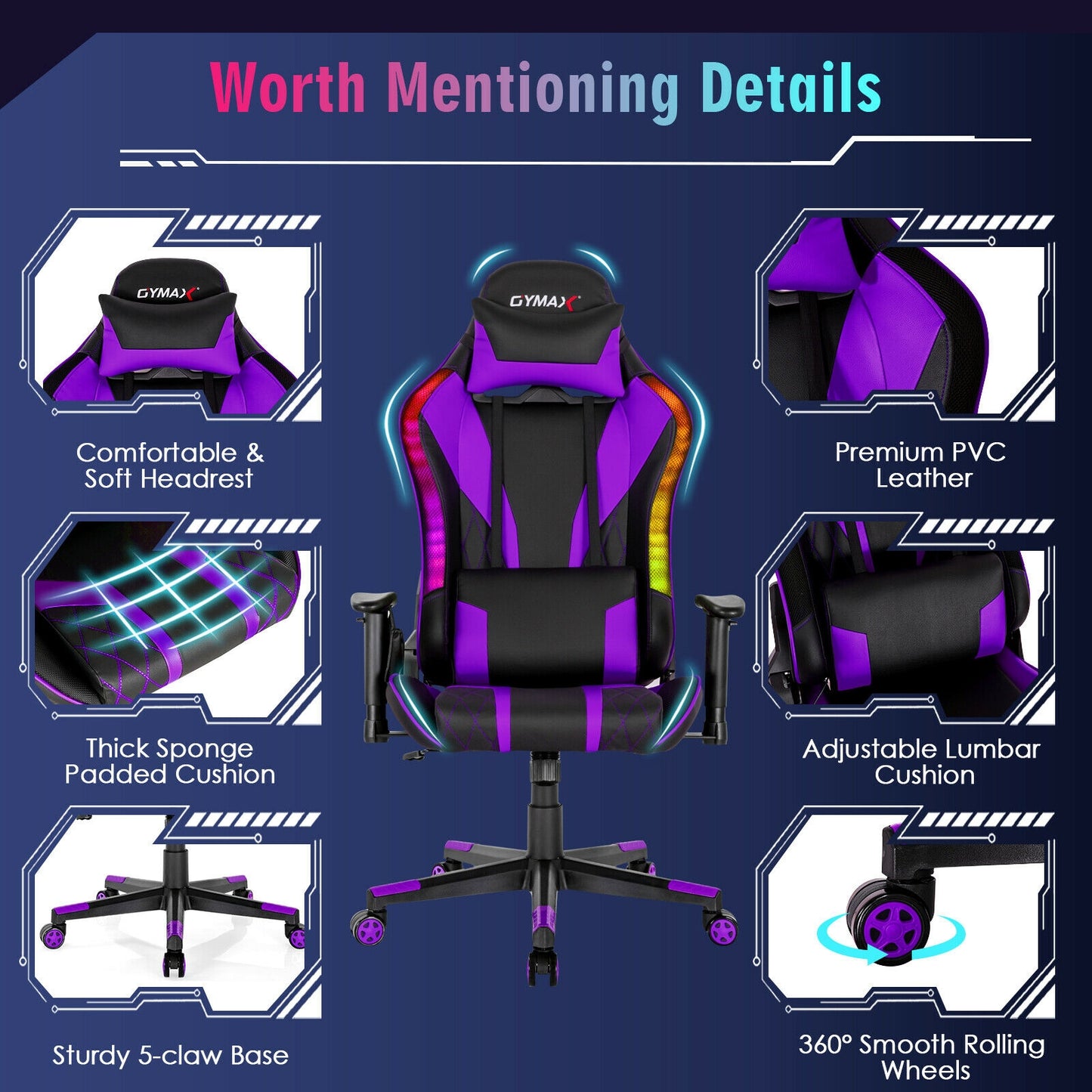 Gaming Chair Adjustable Swivel Computer Chair with Dynamic LED Lights-Purple Kids Crystal