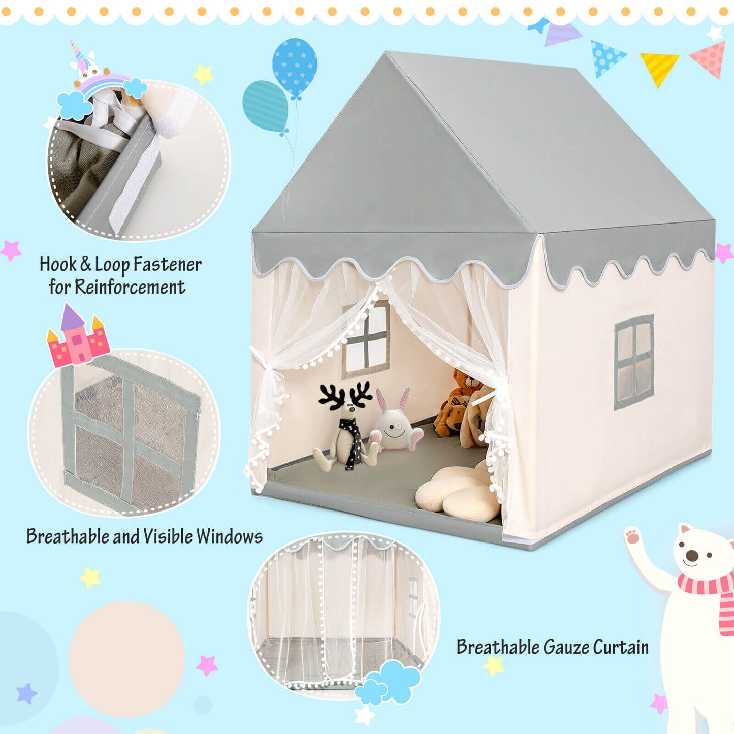 Kids Large Play Castle Fairy Tent with Mat-Beige Kids Crystal