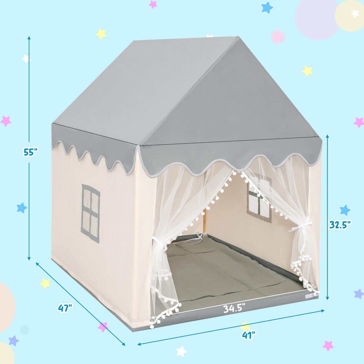 Kids Large Play Castle Fairy Tent with Mat-Beige Kids Crystal