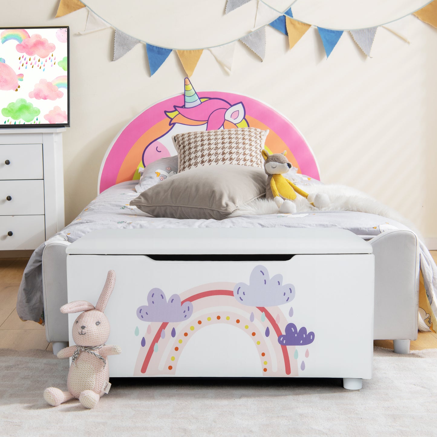 Kids Wooden Upholstered Toy Storage Box with Removable Lid-White Kids Crystal