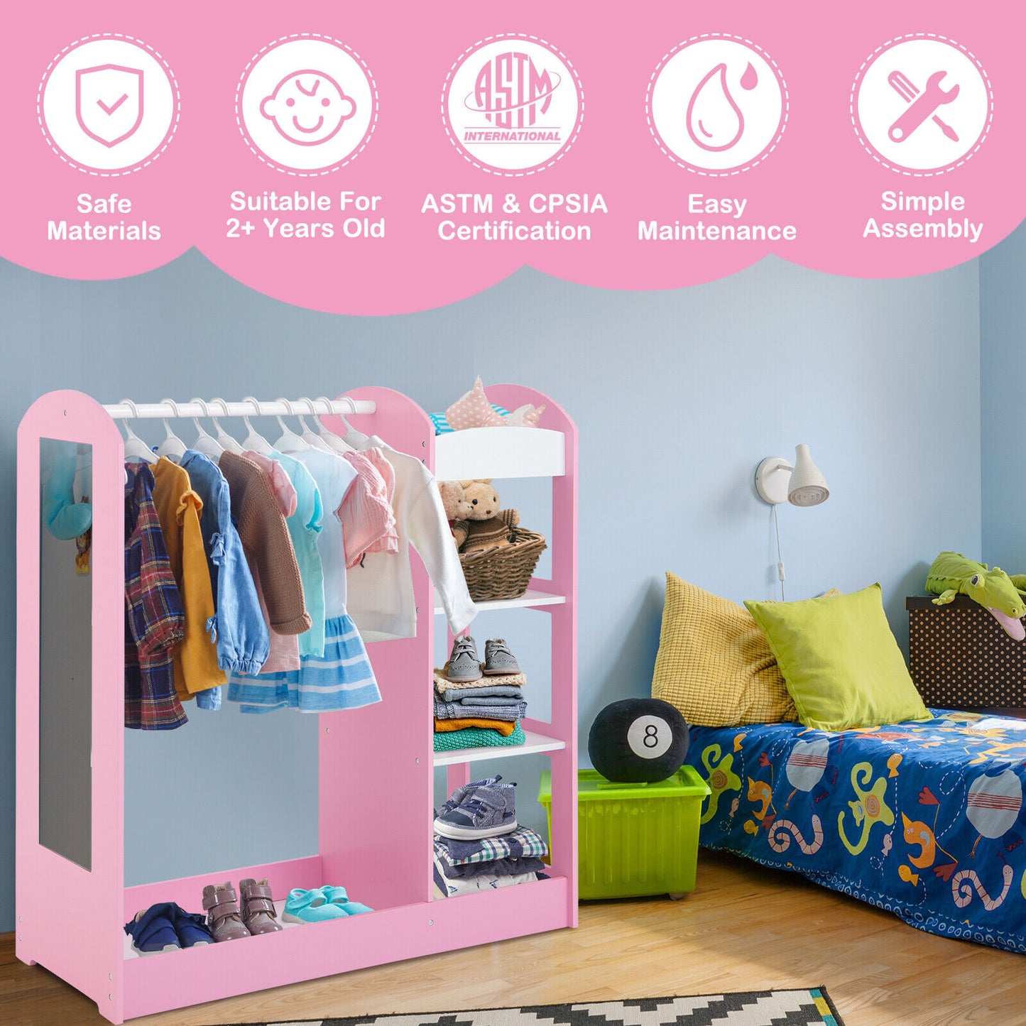 Kids Dress Up Storage with Mirror-Pink Kids Crystal