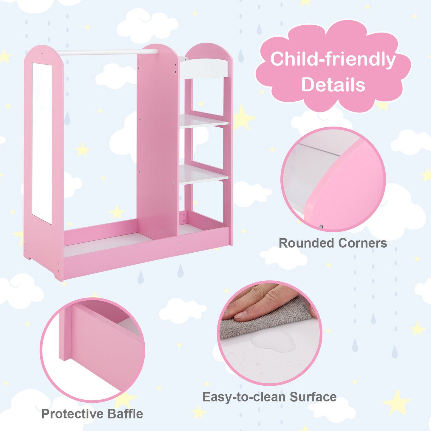 Kids Dress Up Storage with Mirror-Pink Kids Crystal