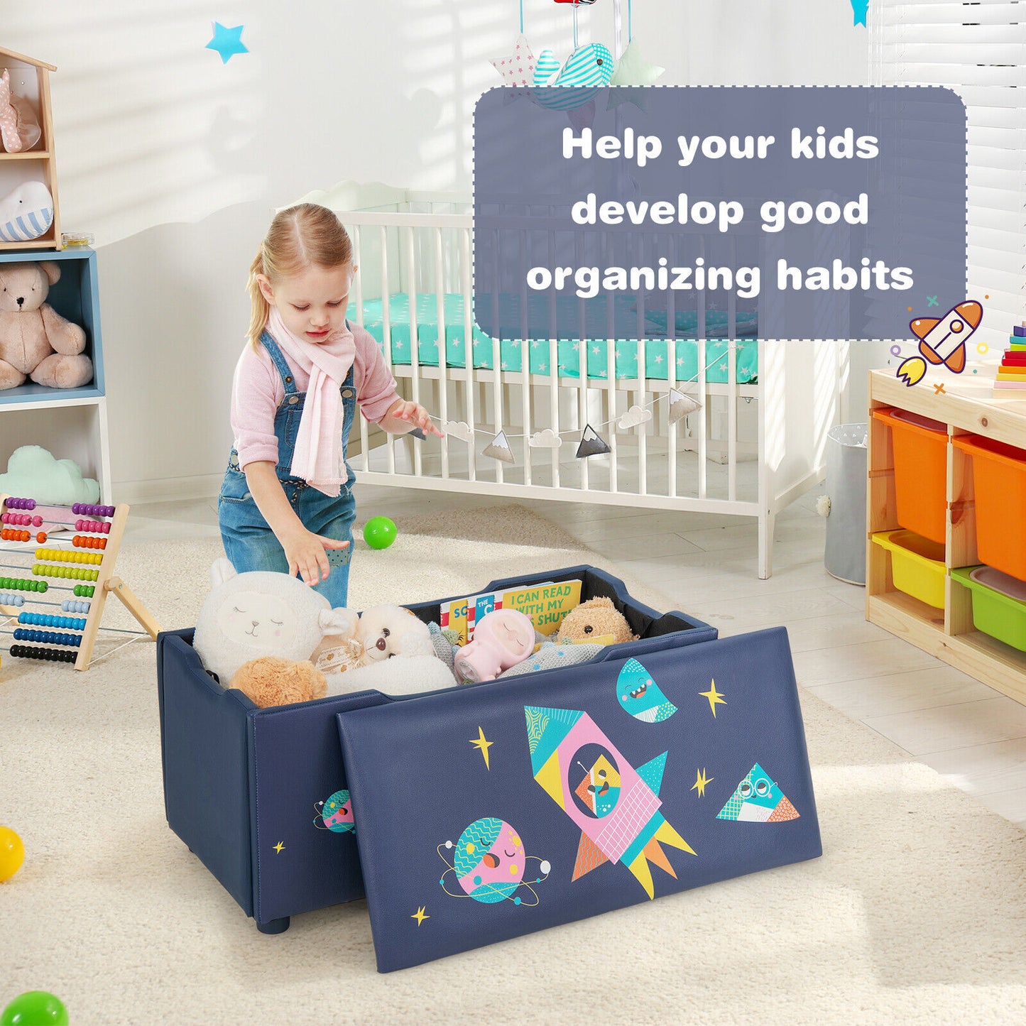 Kids Wooden Upholstered Toy Storage Box with Removable Lid-Navy Kids Crystal
