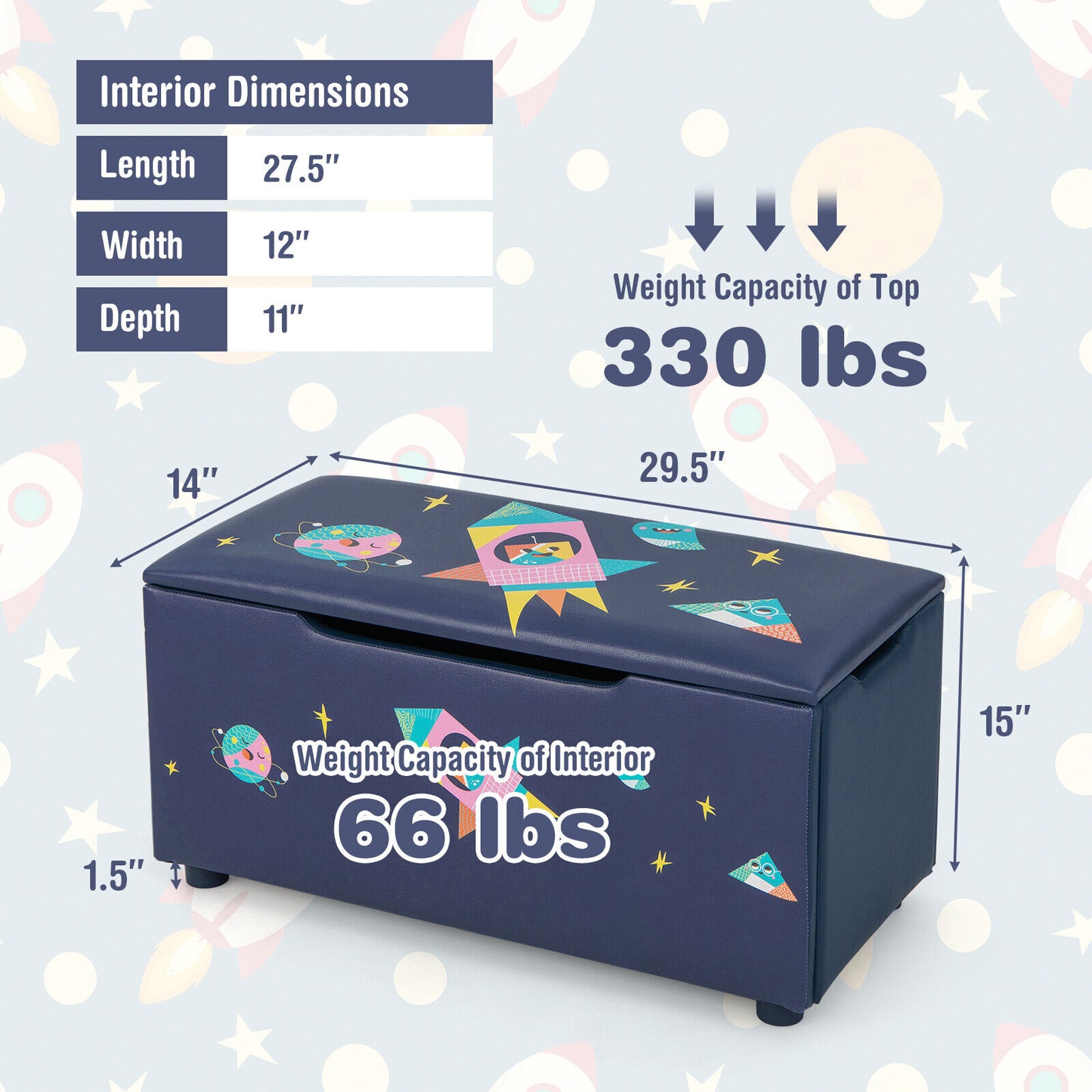 Kids Wooden Upholstered Toy Storage Box with Removable Lid-Navy Kids Crystal