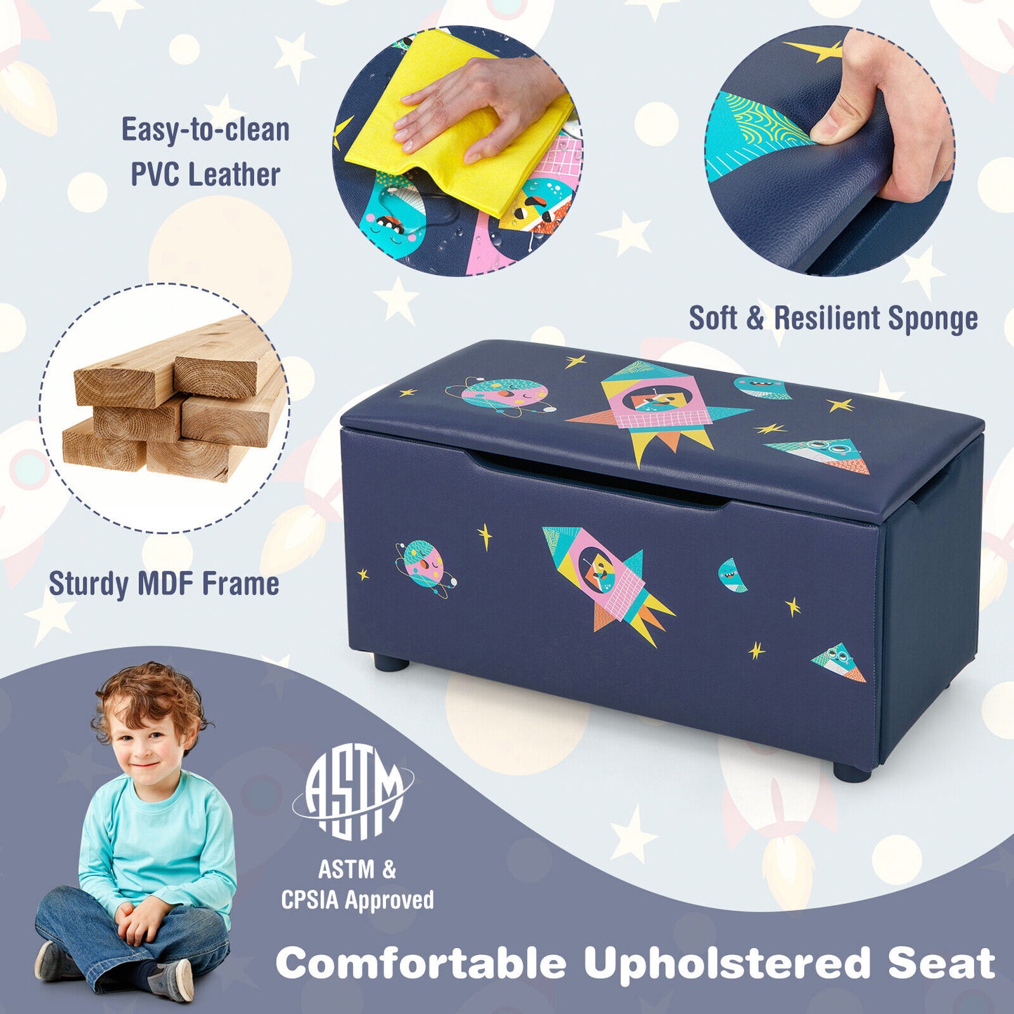 Kids Wooden Upholstered Toy Storage Box with Removable Lid-Navy Kids Crystal