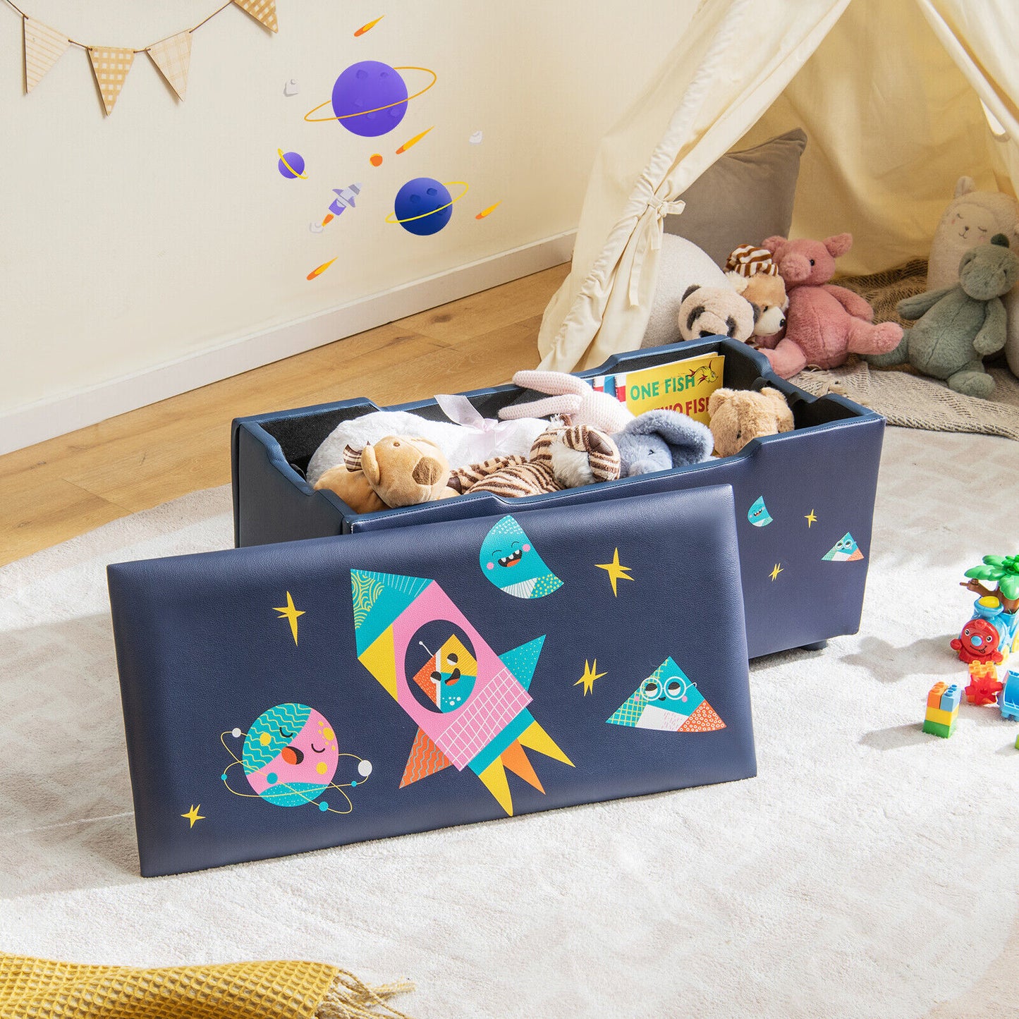 Kids Wooden Upholstered Toy Storage Box with Removable Lid-Navy Kids Crystal