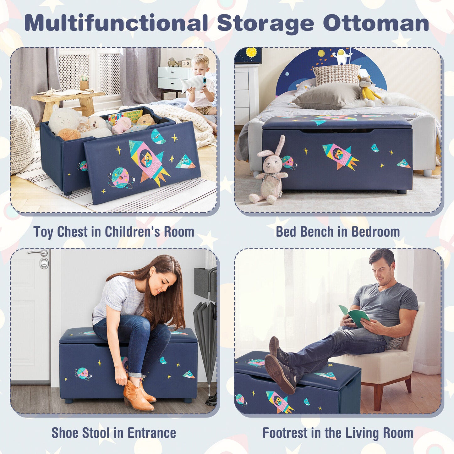 Kids Wooden Upholstered Toy Storage Box with Removable Lid-Navy Kids Crystal