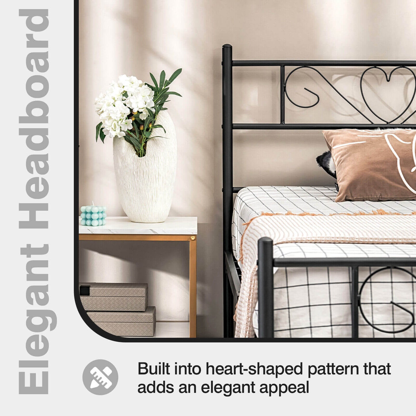 Twin XL Metal Bed Frame with Heart-shaped Headboard-Black Kids Crystal
