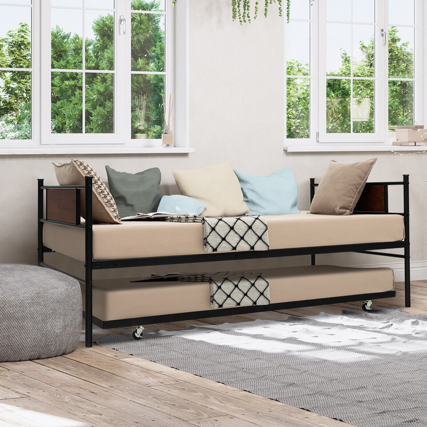 Twin Size 2-In-1 Daybed Frame with Pullout Trundle Kids Crystal