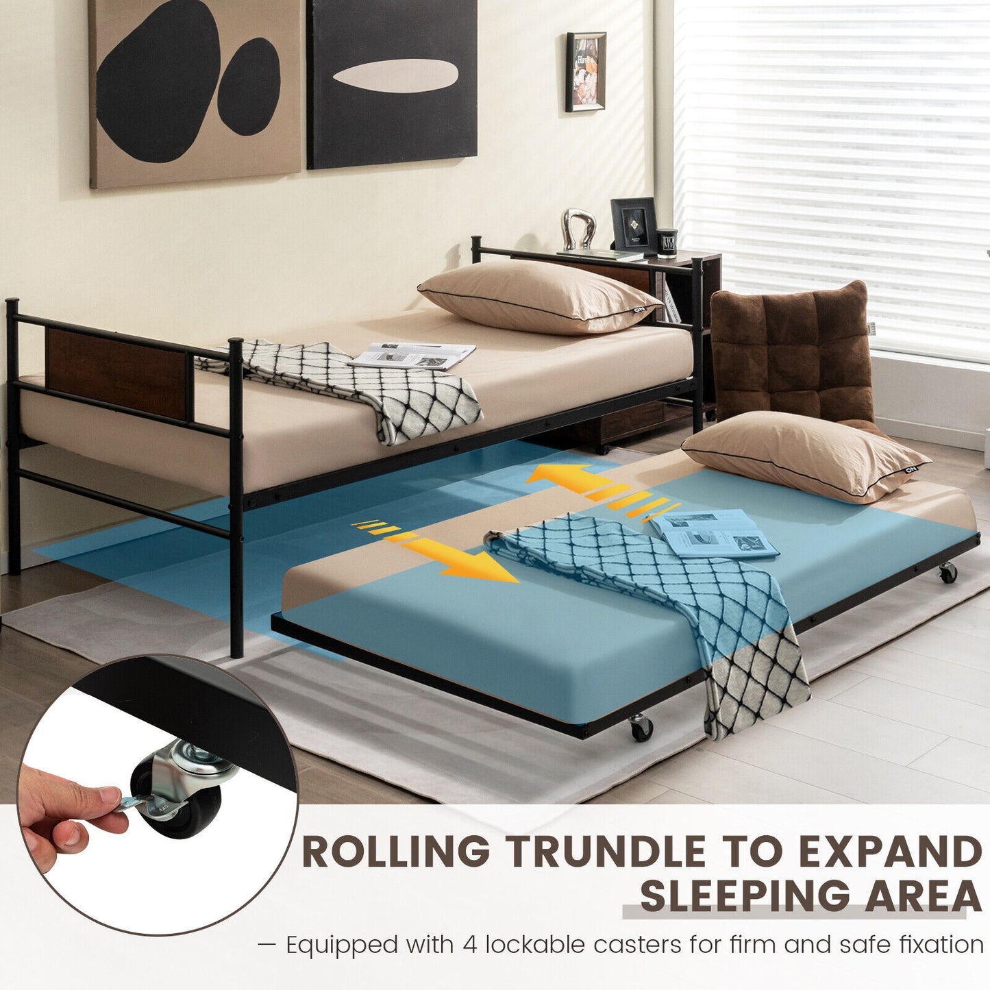Twin Size 2-In-1 Daybed Frame with Pullout Trundle Kids Crystal