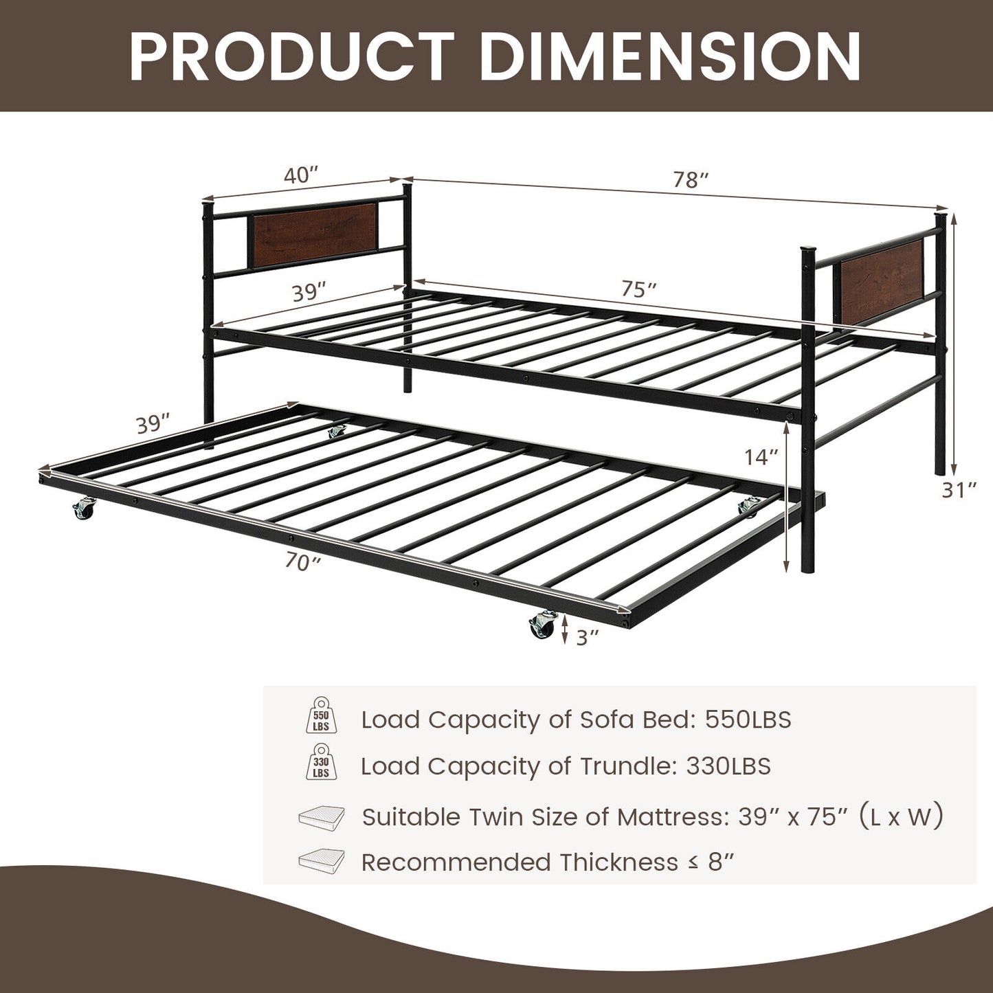 Twin Size 2-In-1 Daybed Frame with Pullout Trundle Kids Crystal