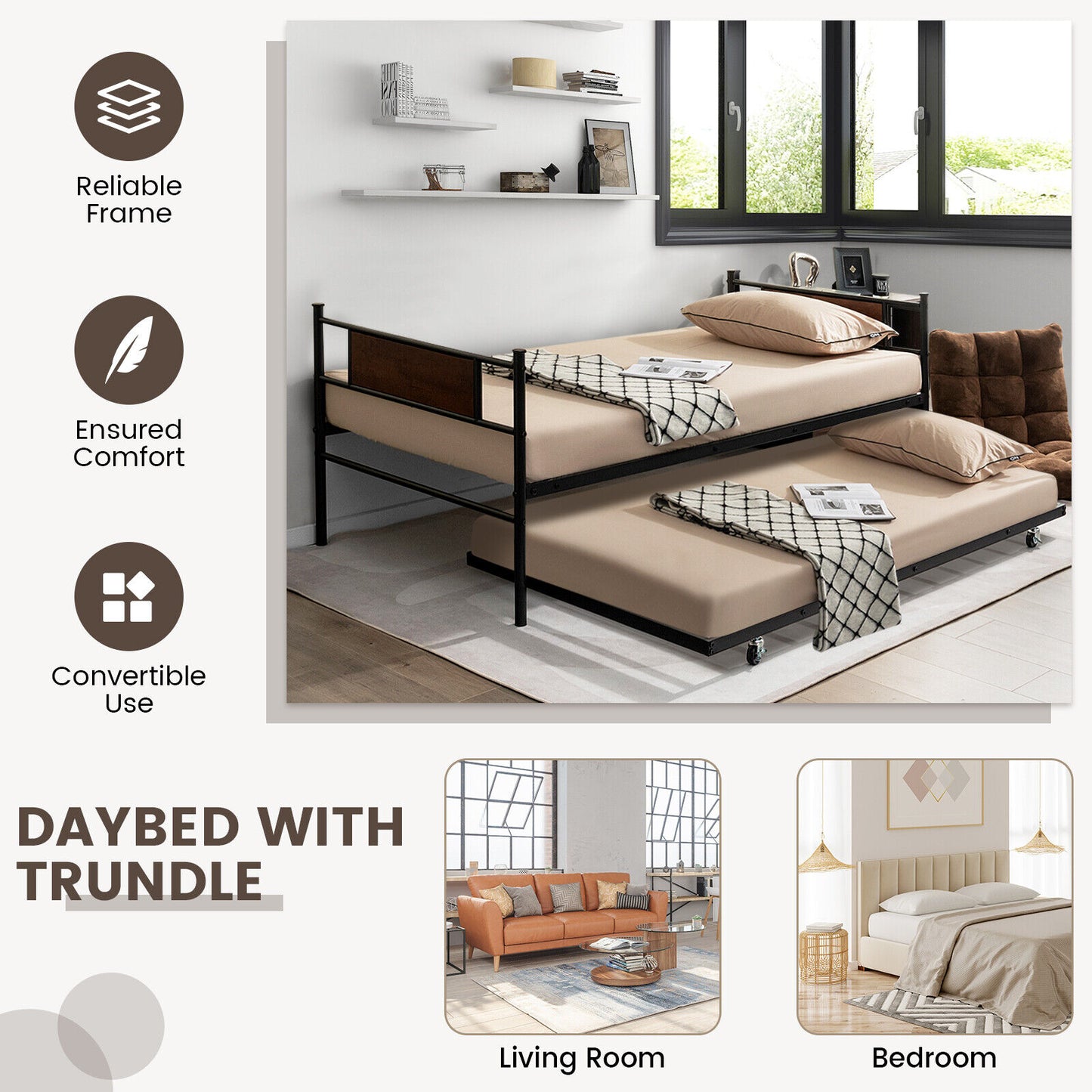 Twin Size 2-In-1 Daybed Frame with Pullout Trundle Kids Crystal