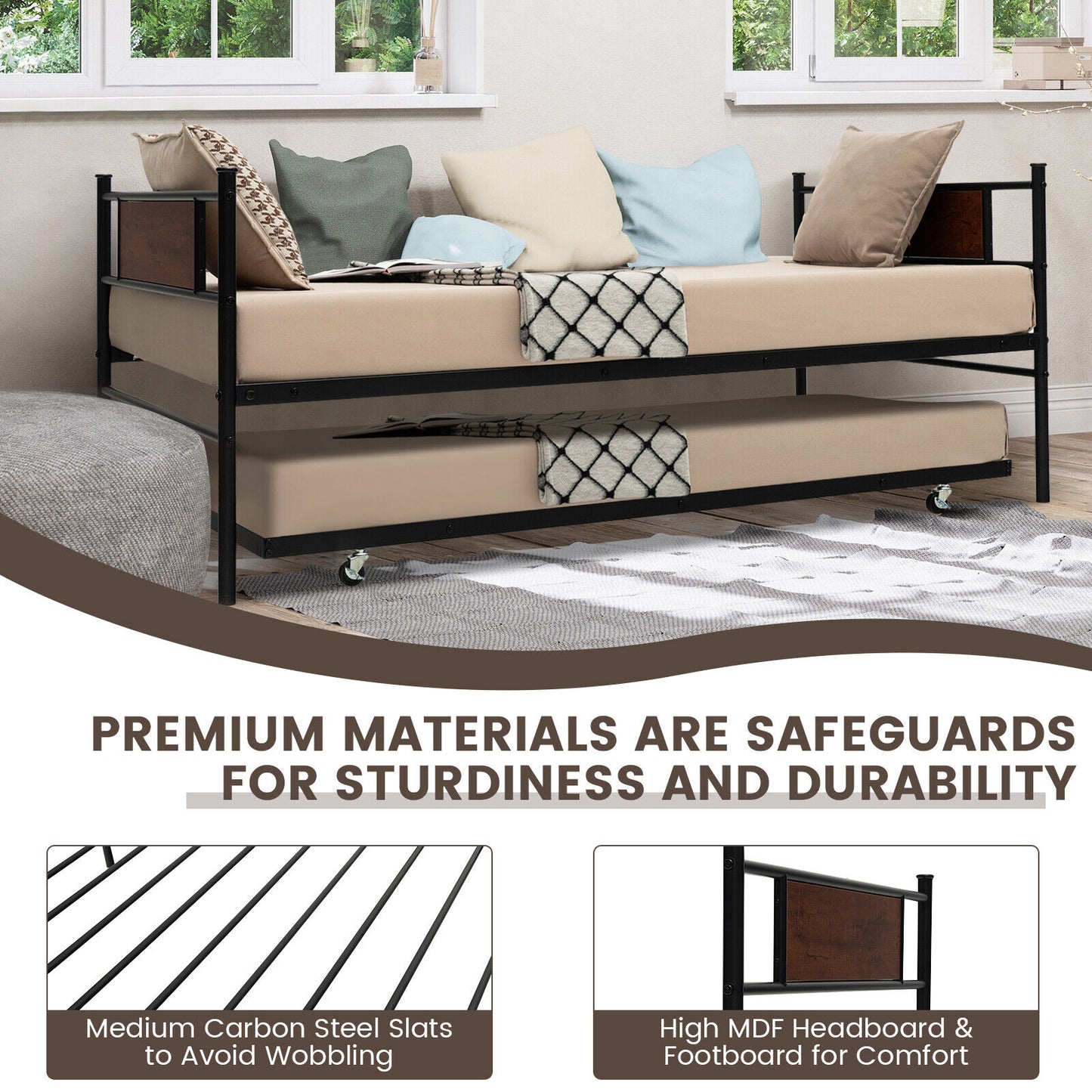 Twin Size 2-In-1 Daybed Frame with Pullout Trundle Kids Crystal