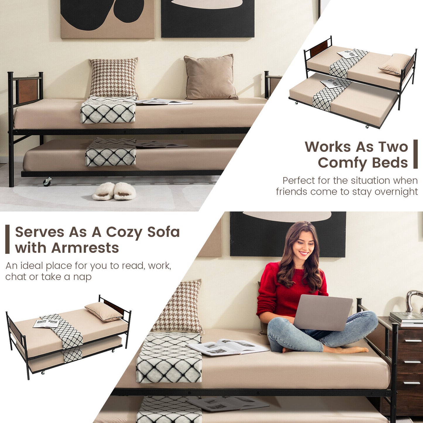 Twin Size 2-In-1 Daybed Frame with Pullout Trundle Kids Crystal