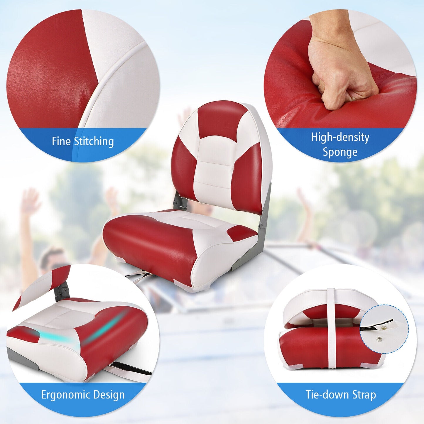 Low Back Boat Seat Folding Fishing chair with Thickened High-density Sponge Padding-Red Kids Crystal