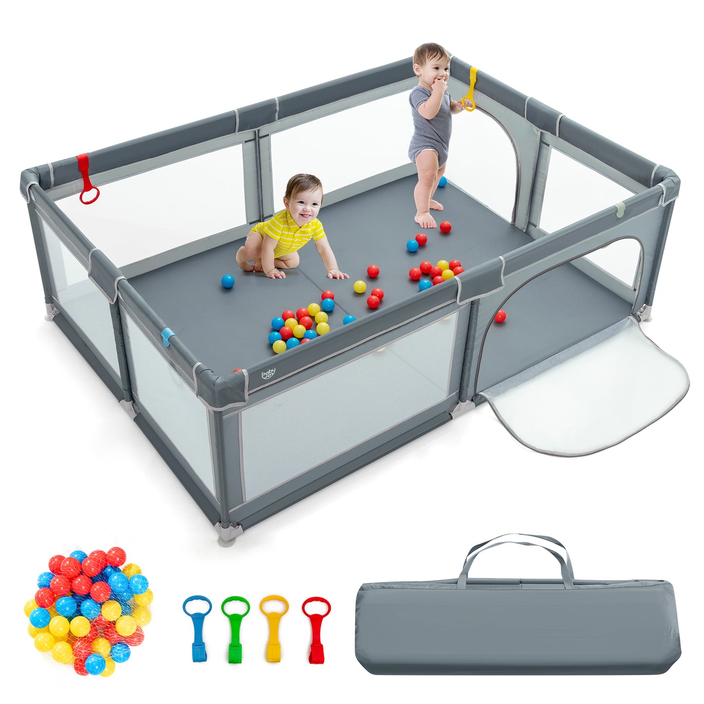 Portable Extra-Large Safety Baby Fence with Ocean Balls and Rings-Gray Kids Crystal