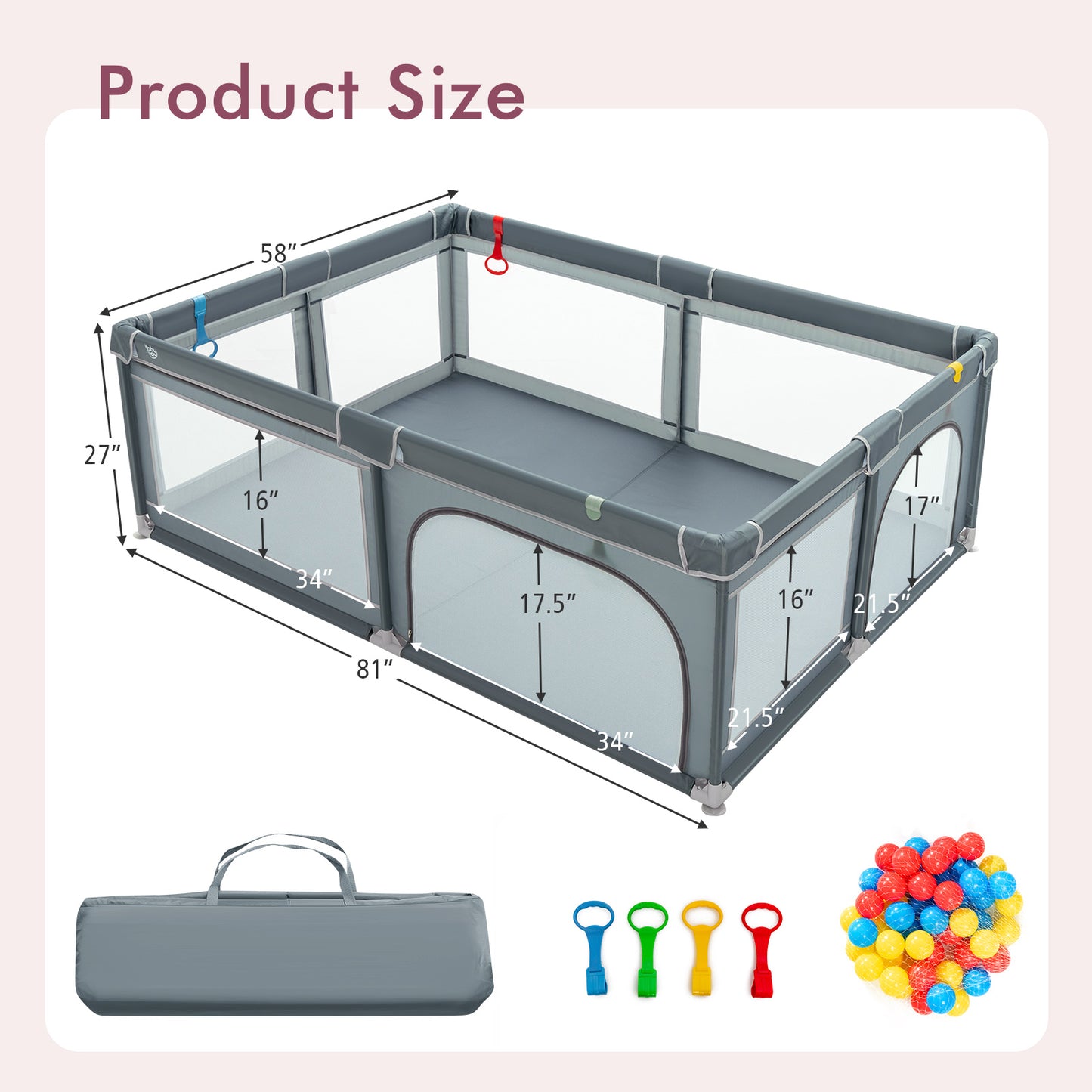 Portable Extra-Large Safety Baby Fence with Ocean Balls and Rings-Gray Kids Crystal