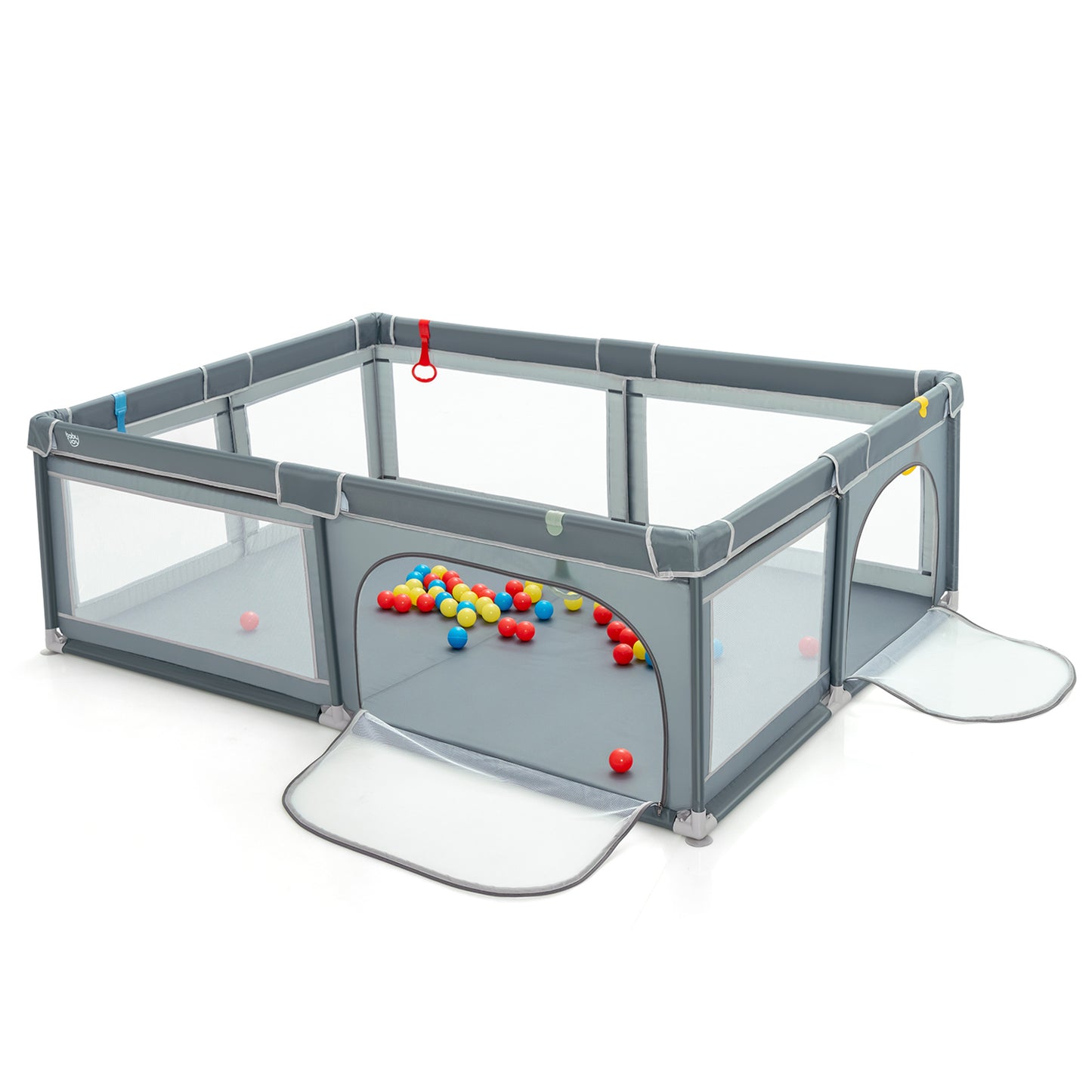 Portable Extra-Large Safety Baby Fence with Ocean Balls and Rings-Gray Kids Crystal