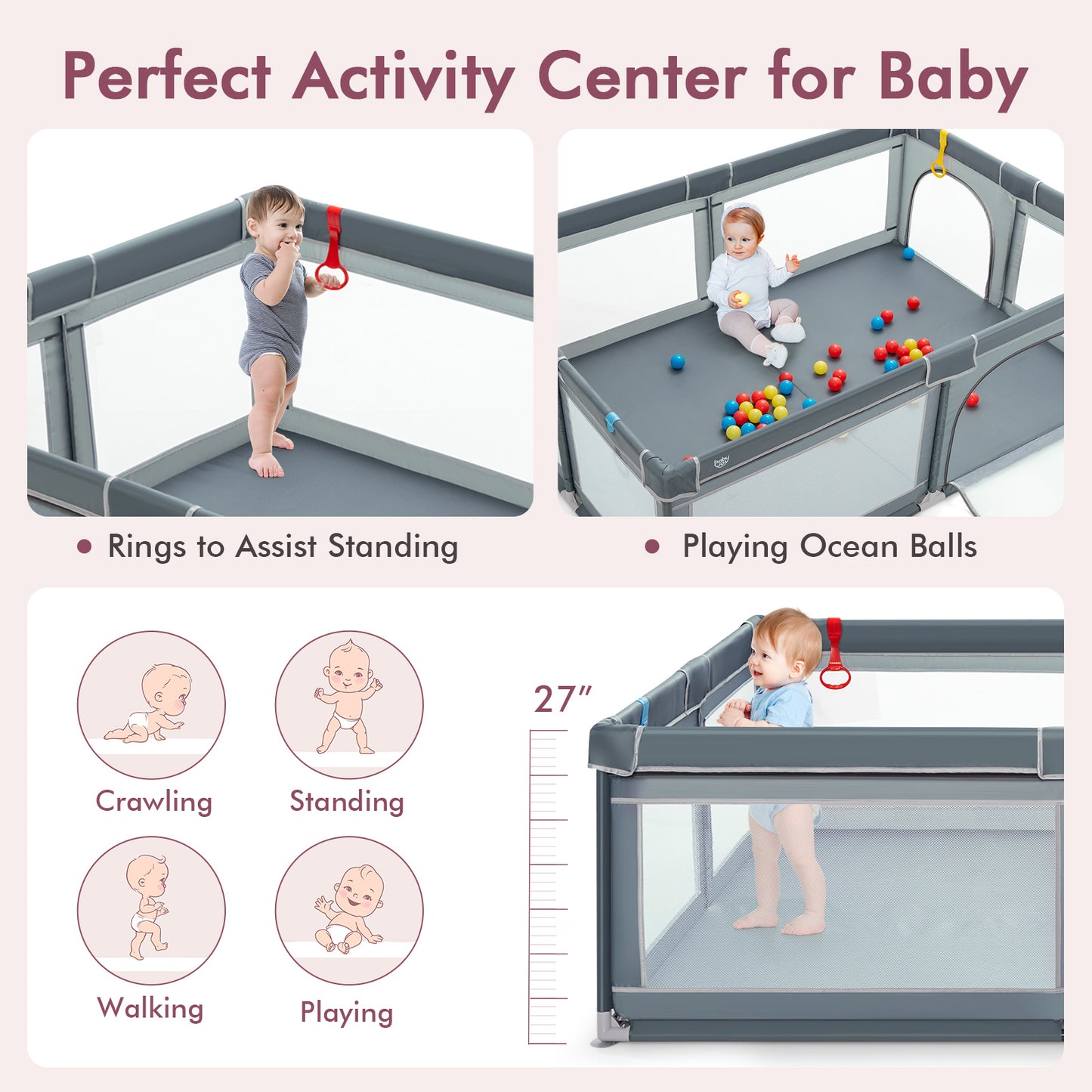 Portable Extra-Large Safety Baby Fence with Ocean Balls and Rings-Gray Kids Crystal