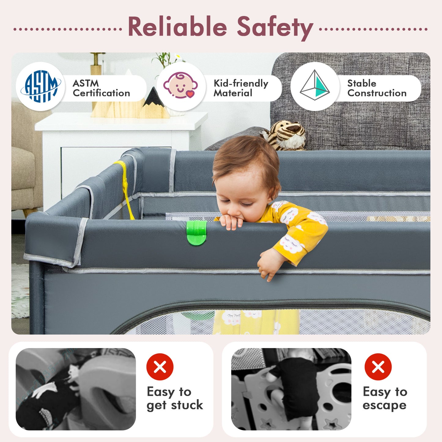 Portable Extra-Large Safety Baby Fence with Ocean Balls and Rings-Gray Kids Crystal