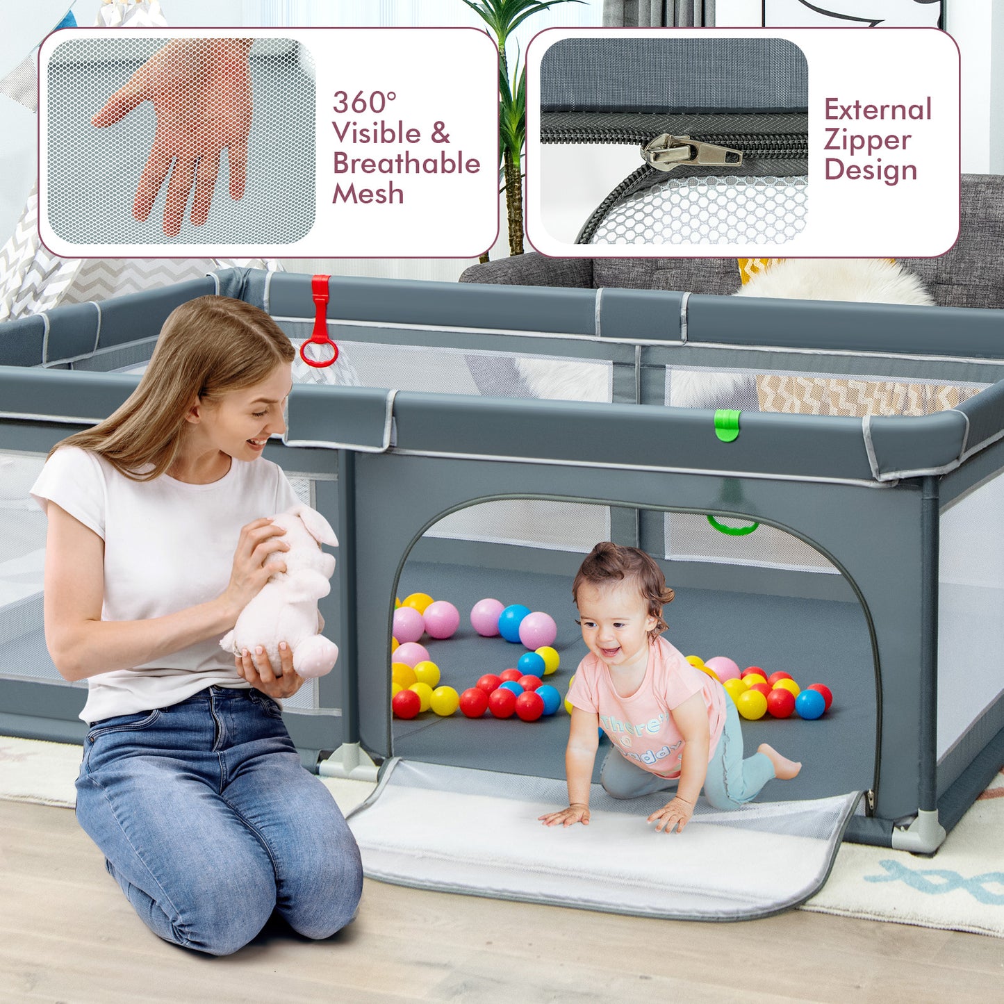 Portable Extra-Large Safety Baby Fence with Ocean Balls and Rings-Gray Kids Crystal