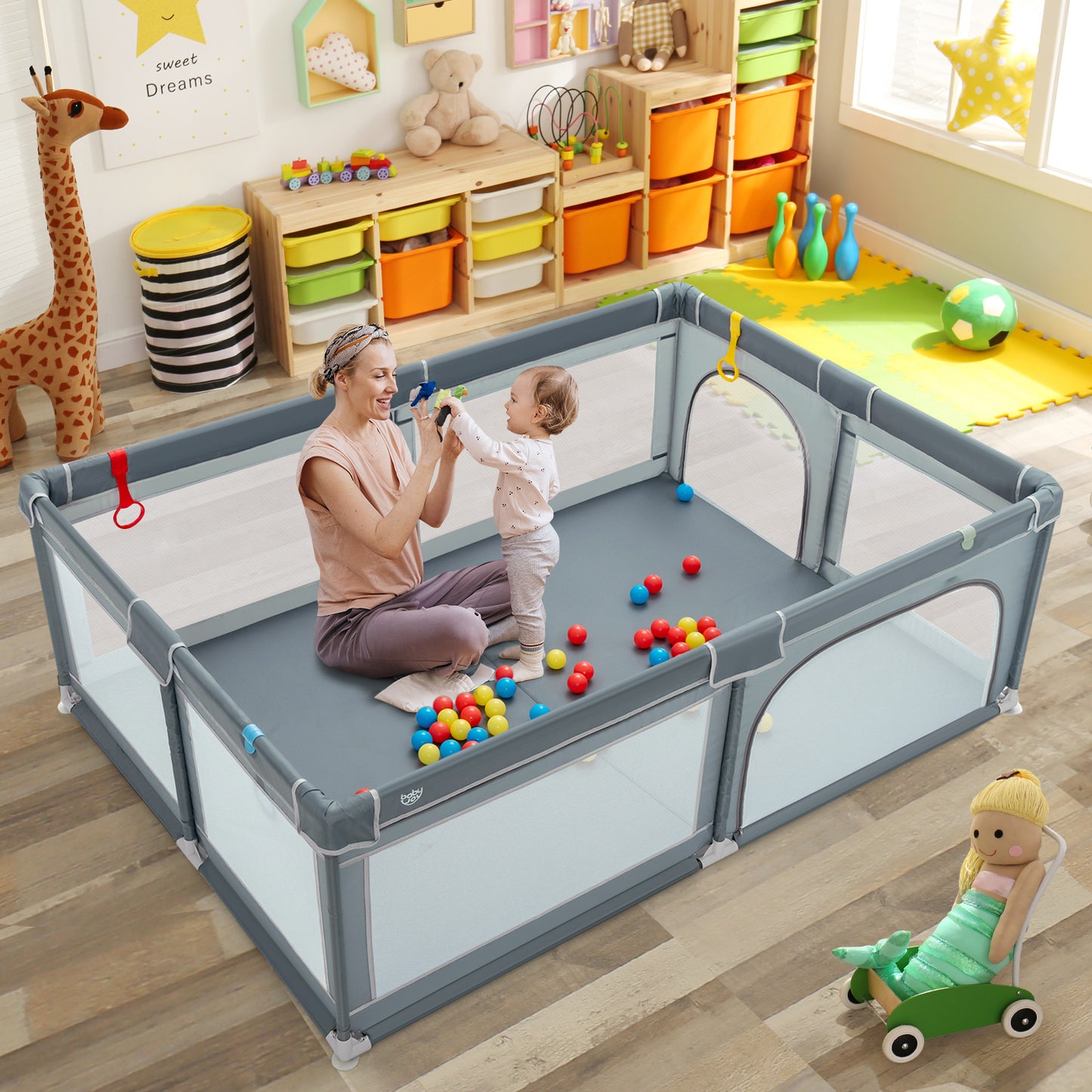 Portable Extra-Large Safety Baby Fence with Ocean Balls and Rings-Gray Kids Crystal