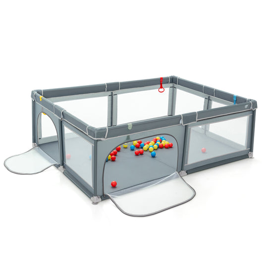 Portable Extra-Large Safety Baby Fence with Ocean Balls and Rings-Gray Kids Crystal