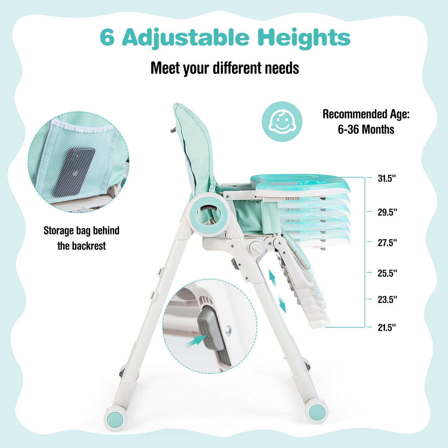 Baby High Chair Foldable Feeding Chair with 4 Lockable Wheels-Green Kids Crystal