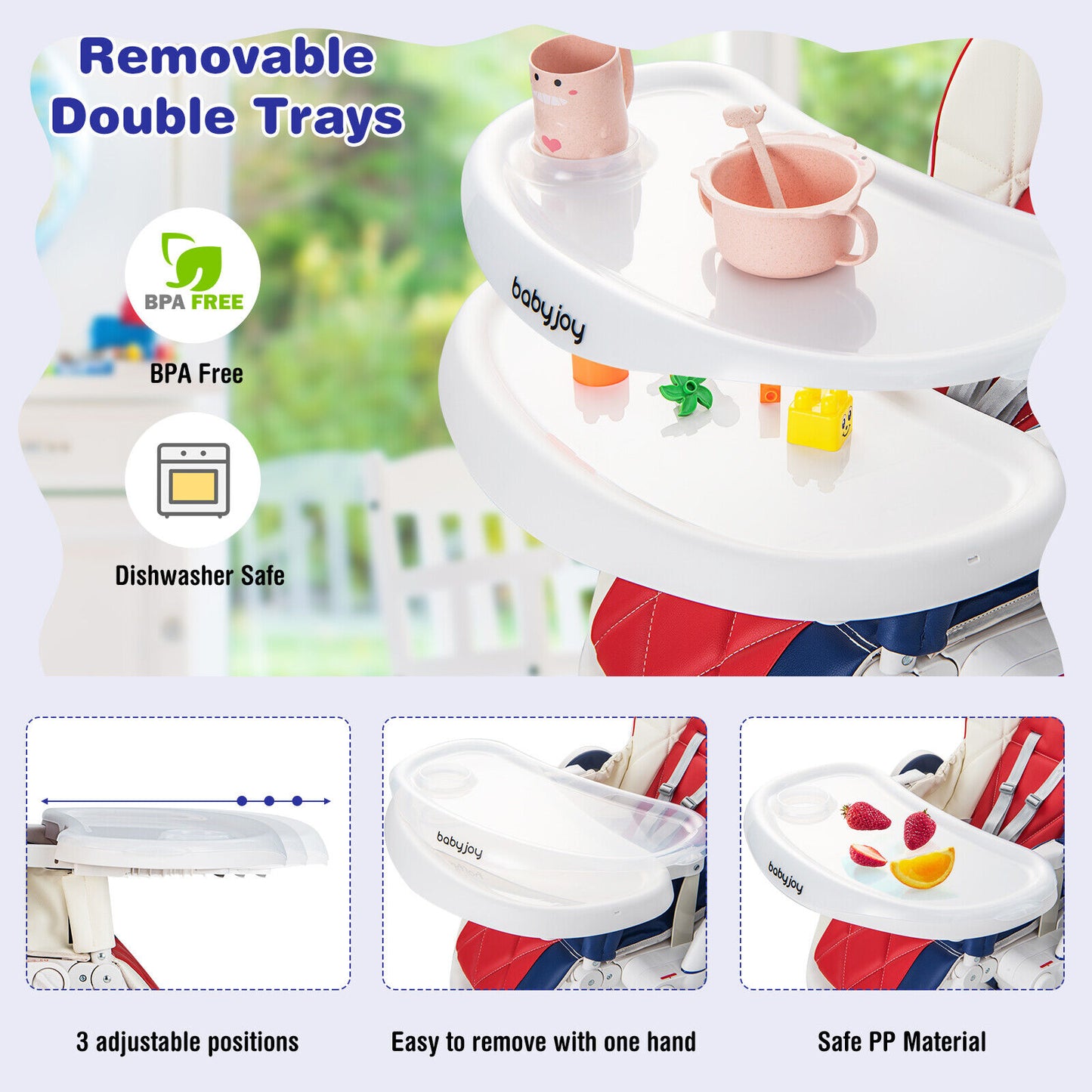 Baby High Chair Foldable Feeding Chair with 4 Lockable Wheels-Red Kids Crystal